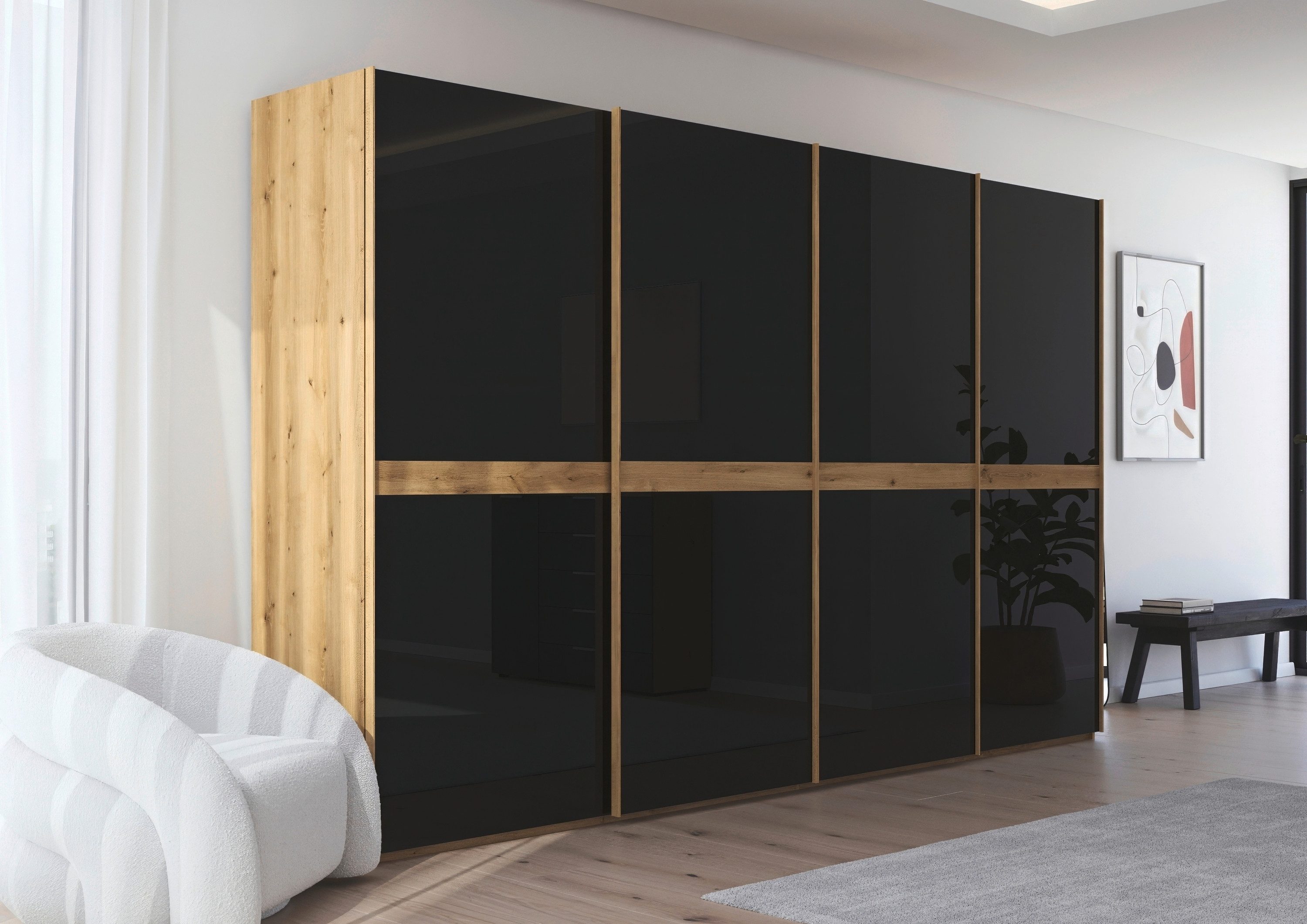 rauch Schuifdeurkast Kledingkast kast garderobe slaapkamerkast SCALE-LINE edel uiterlijk met buikband in corpuskleur met glasfront made in germany