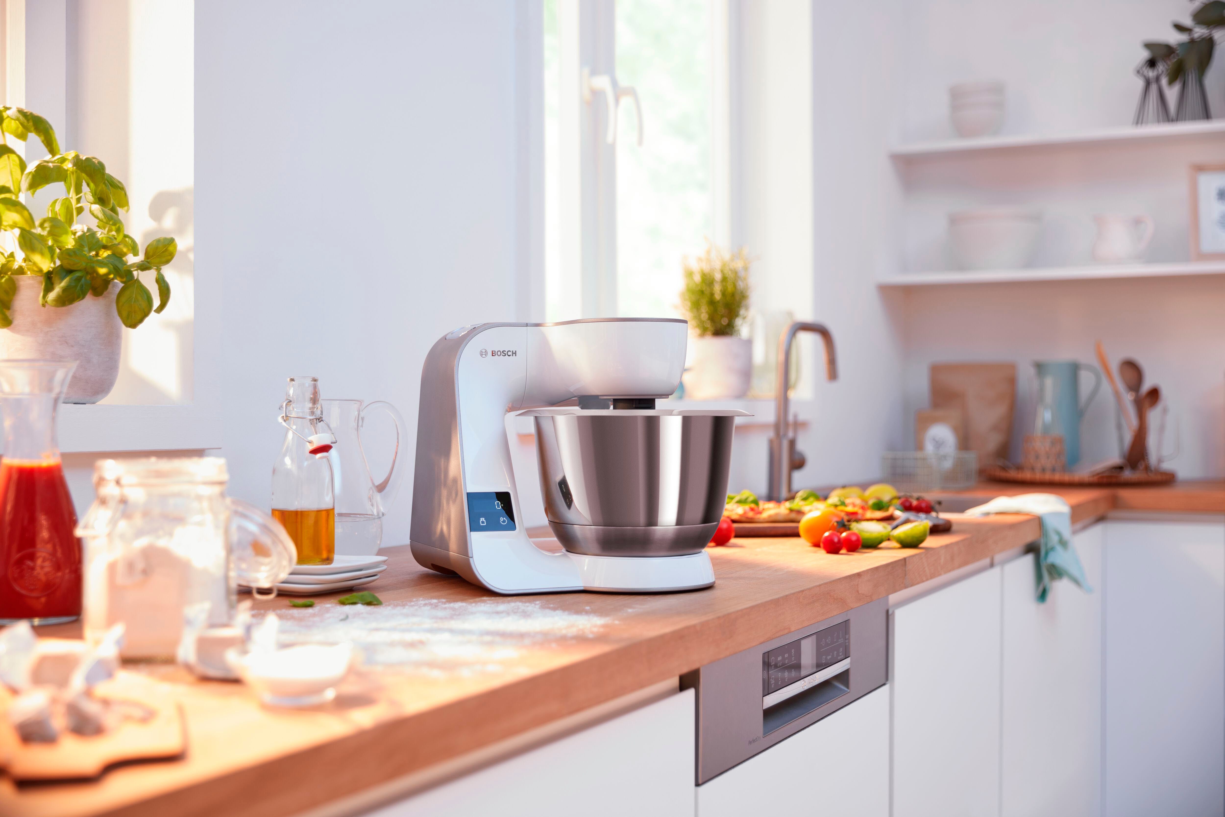BOSCH Keukenmachine Serie 4 MUM5XW40, geïntegreerde weegschaal, continu rasp- en snijapparaat, wit/champagne