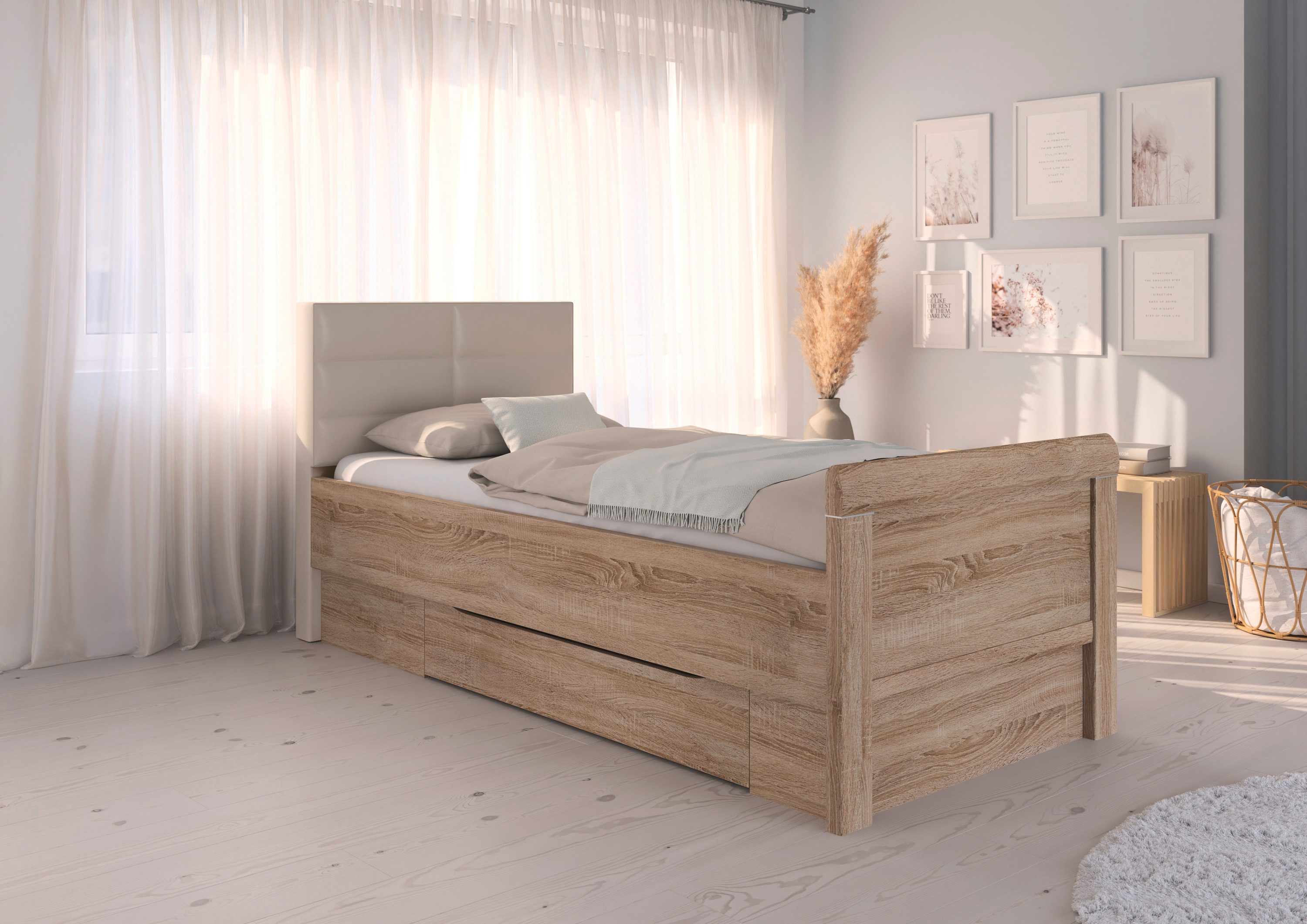 rauch Ledikant met bergruimte Bed Eenpersoons Stollenbed Bedkasten EVELYN in comfortabele hoogte met gestoffeerd hoofdeinde en lades made in germany