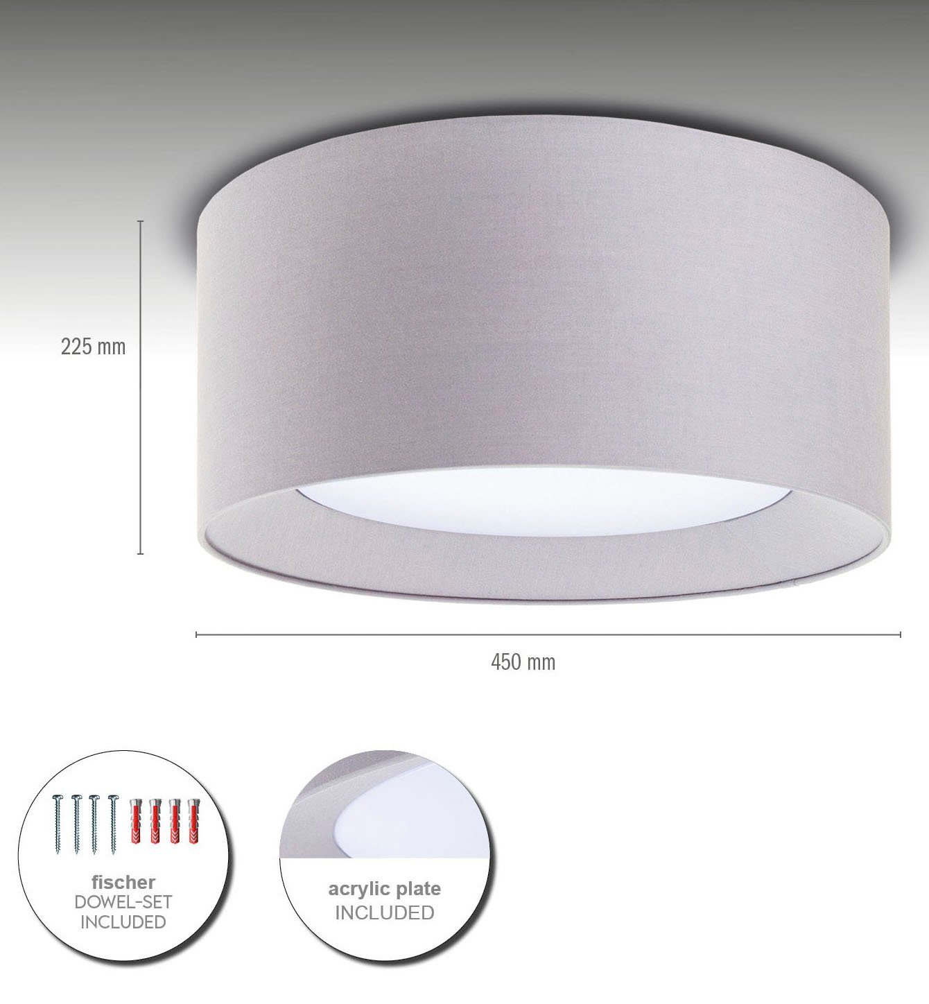 Paco Home Plafondlamp Om Rond kantoor textielkap 3 x E27 modern gesloten uni