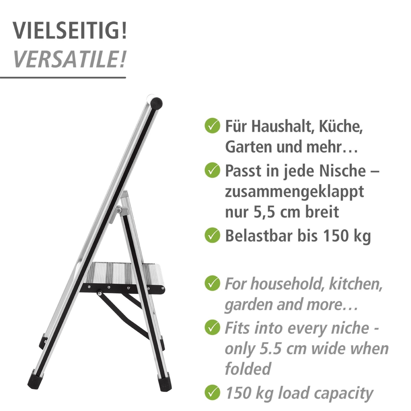 WENKO Huishoudtrapje Model Alu-Design Aluminium-design, XXL-treden, plat inklapbaar en op te bergen