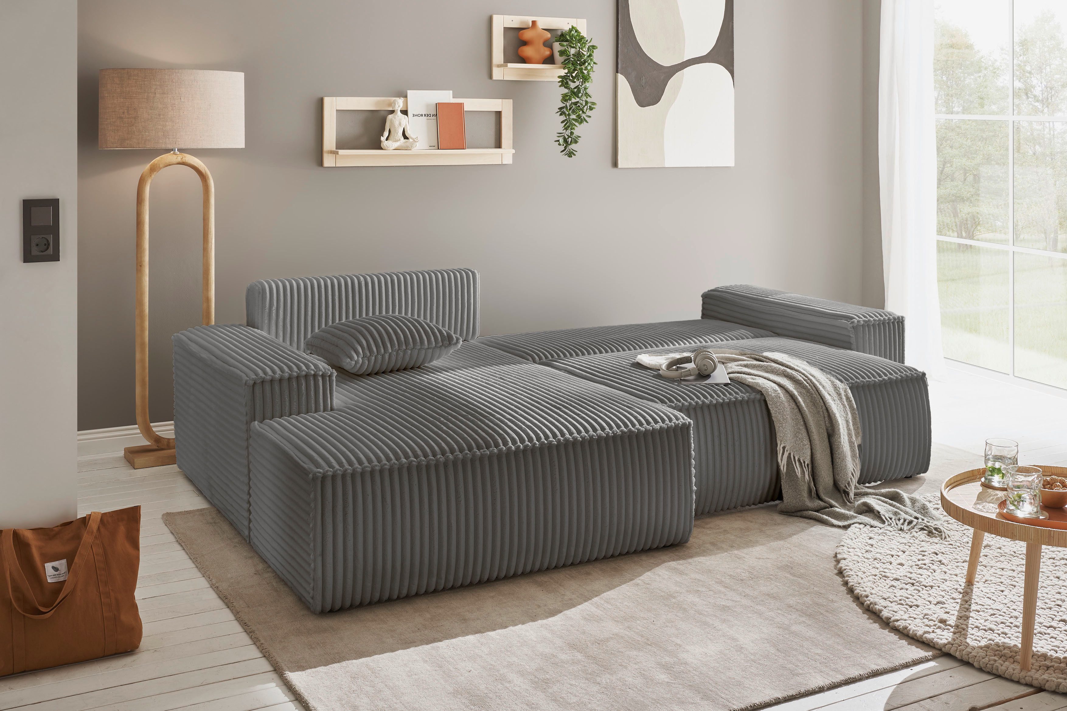 andas Hoekbank Finnley slaapbank 267 cm in Bouclé, fijne structuur en cord, L-vorm