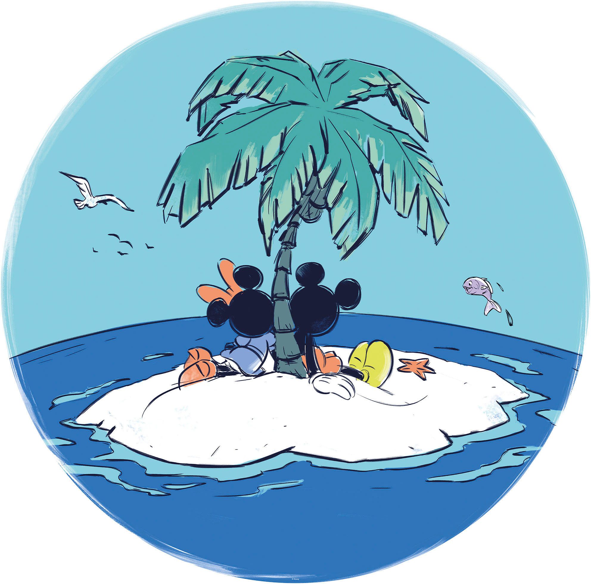 Komar Wandfolie Zelfklevend vlies, Mickey en Minnie Strandvakantie, maat 125x125 cm (1 stuk)