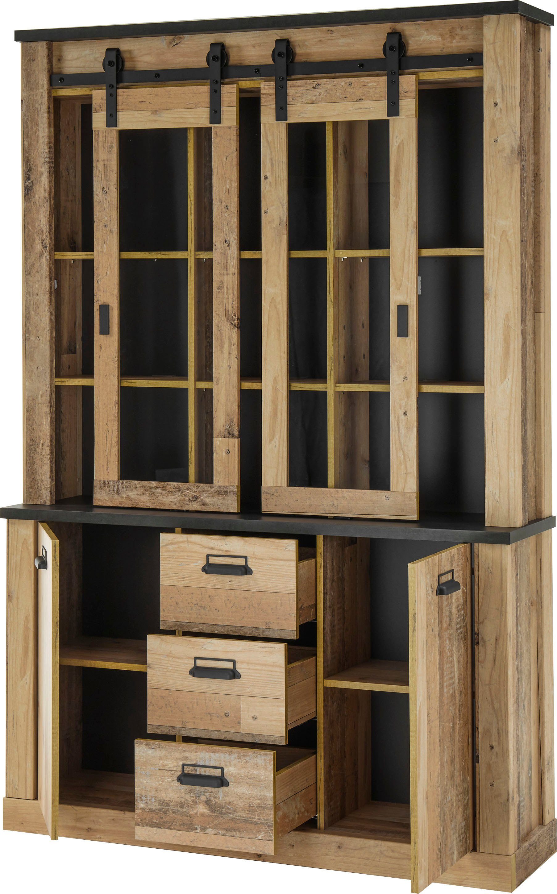 Home affaire Wandmeubel Sherwood Schuurdeurbeslag en apothekersgrepen van metaal, hoogte 201 cm (2-delig)