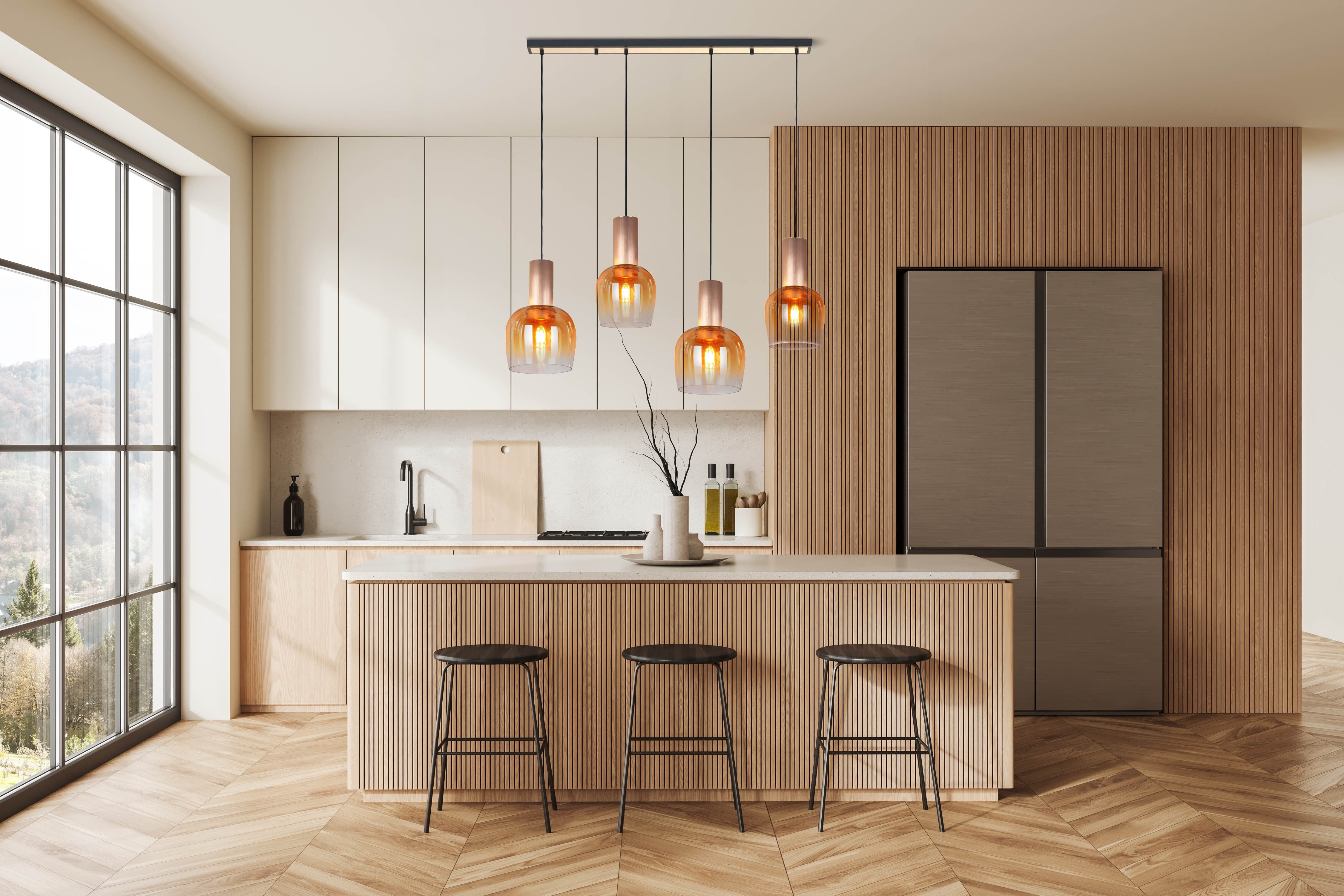 näve Hanglamp Funda 5-lamps, iriserende glazen, frame messingkleurig, warmwit licht (1 stuk)