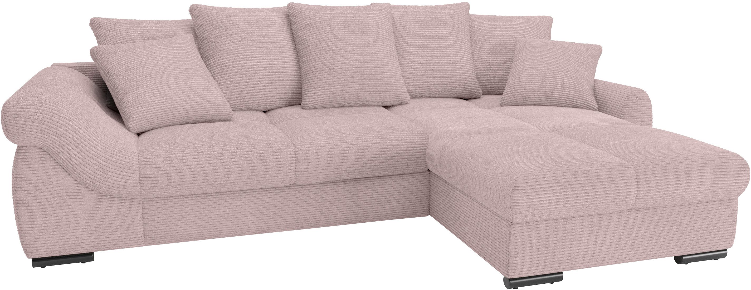 Mr. Couch Hoekbank Livorno L-vorm incl. hoogslaper beduitbreiding, xl bedbox wit gecoat roze, hoekbanken, Bettfunktion links-Recamiere rechts
