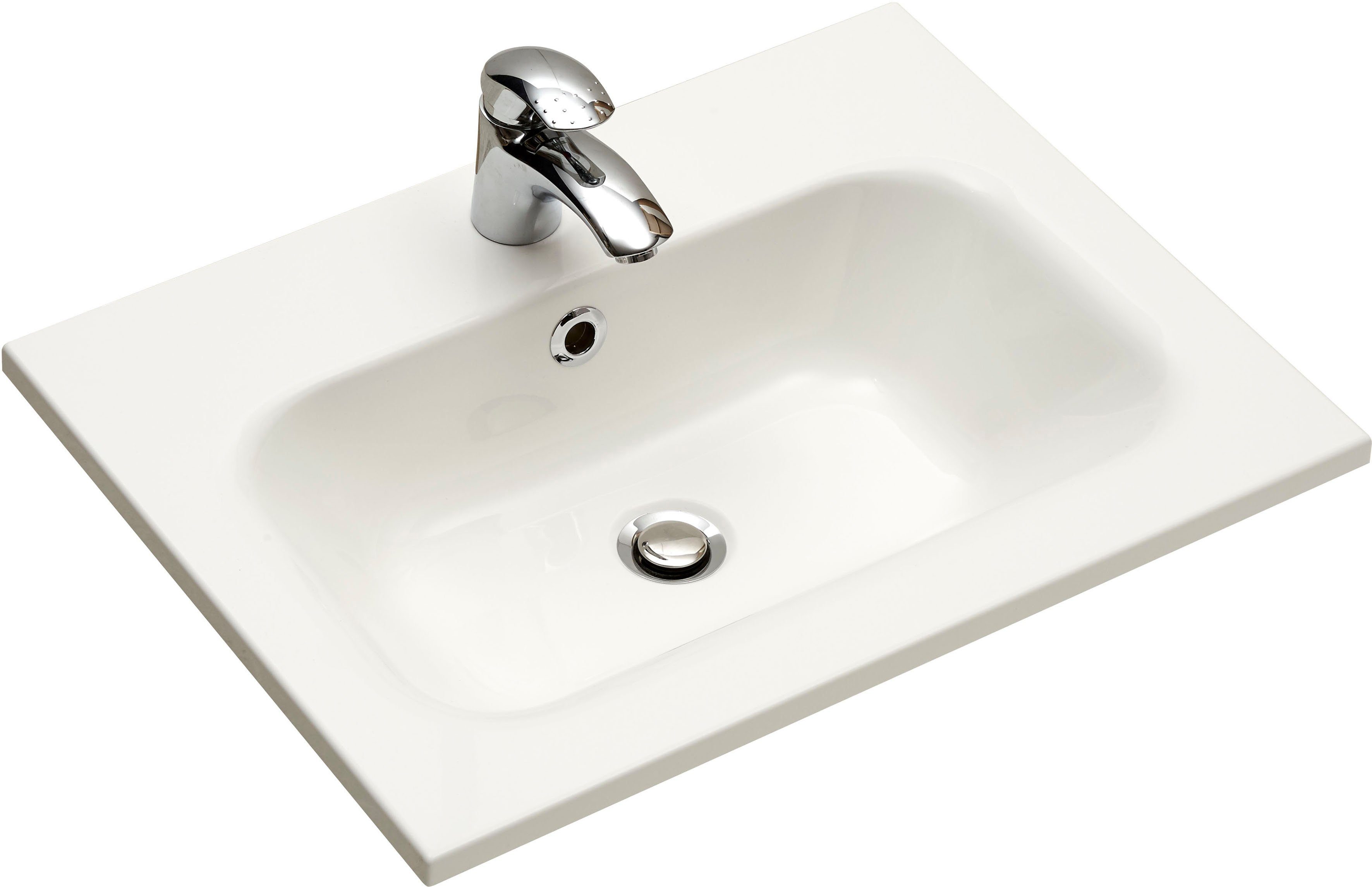 Saphir Badkamerserie Quickset 2-delig, mineraalmarmeren wastafel en LED-spiegel Wastafel 61 cm breed, 2 deuren, 1 lade, spiegelplank, bad-set (4-delig)
