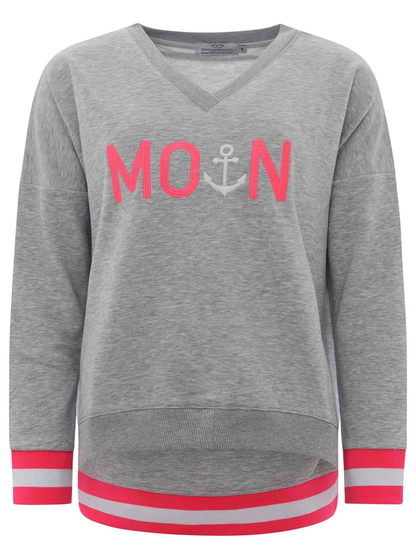 Zwillingsherz Sweatshirt met v-hals en geborduurd "moin" in neonkleuren