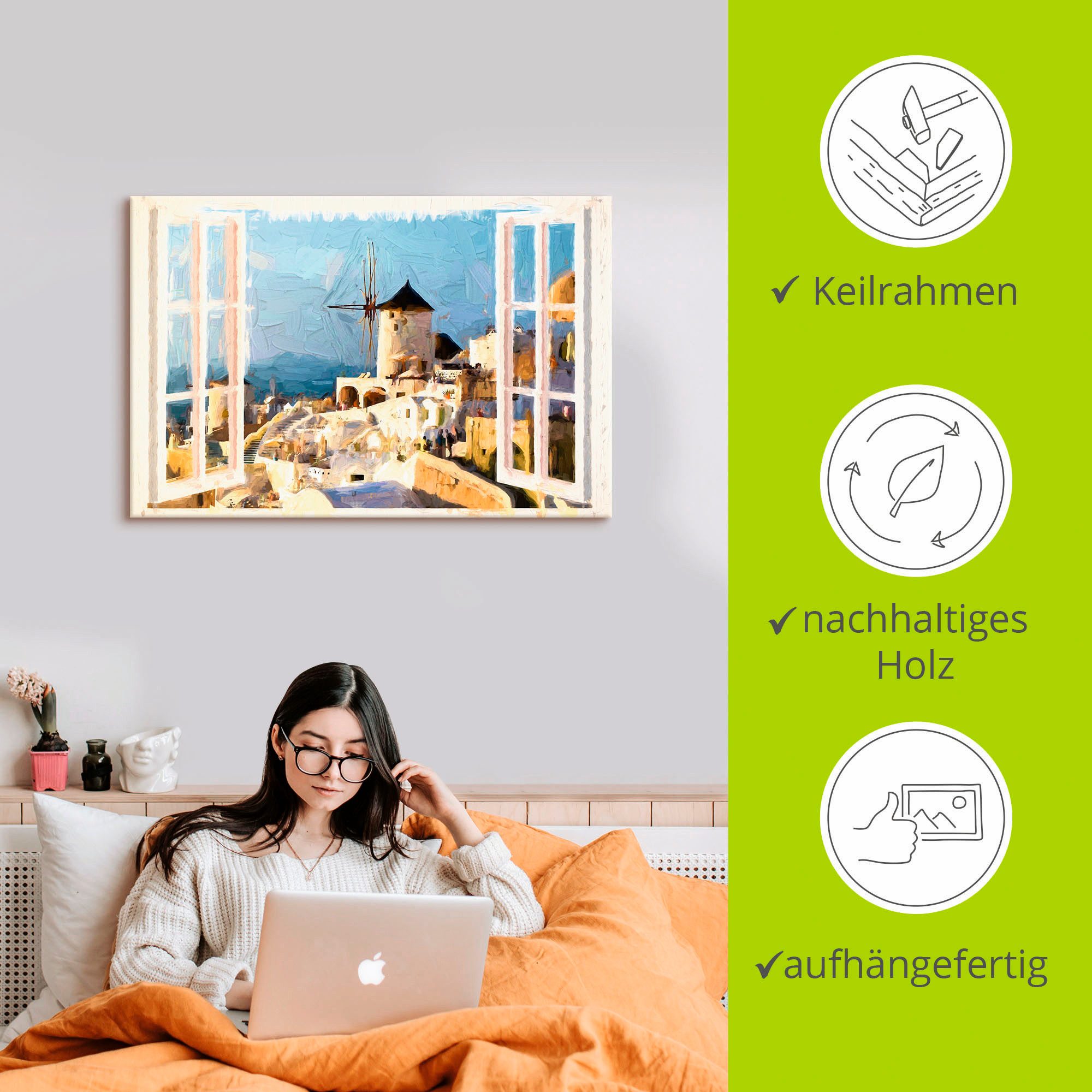 Artland Artprint op linnen Blik door het raam op Santorin