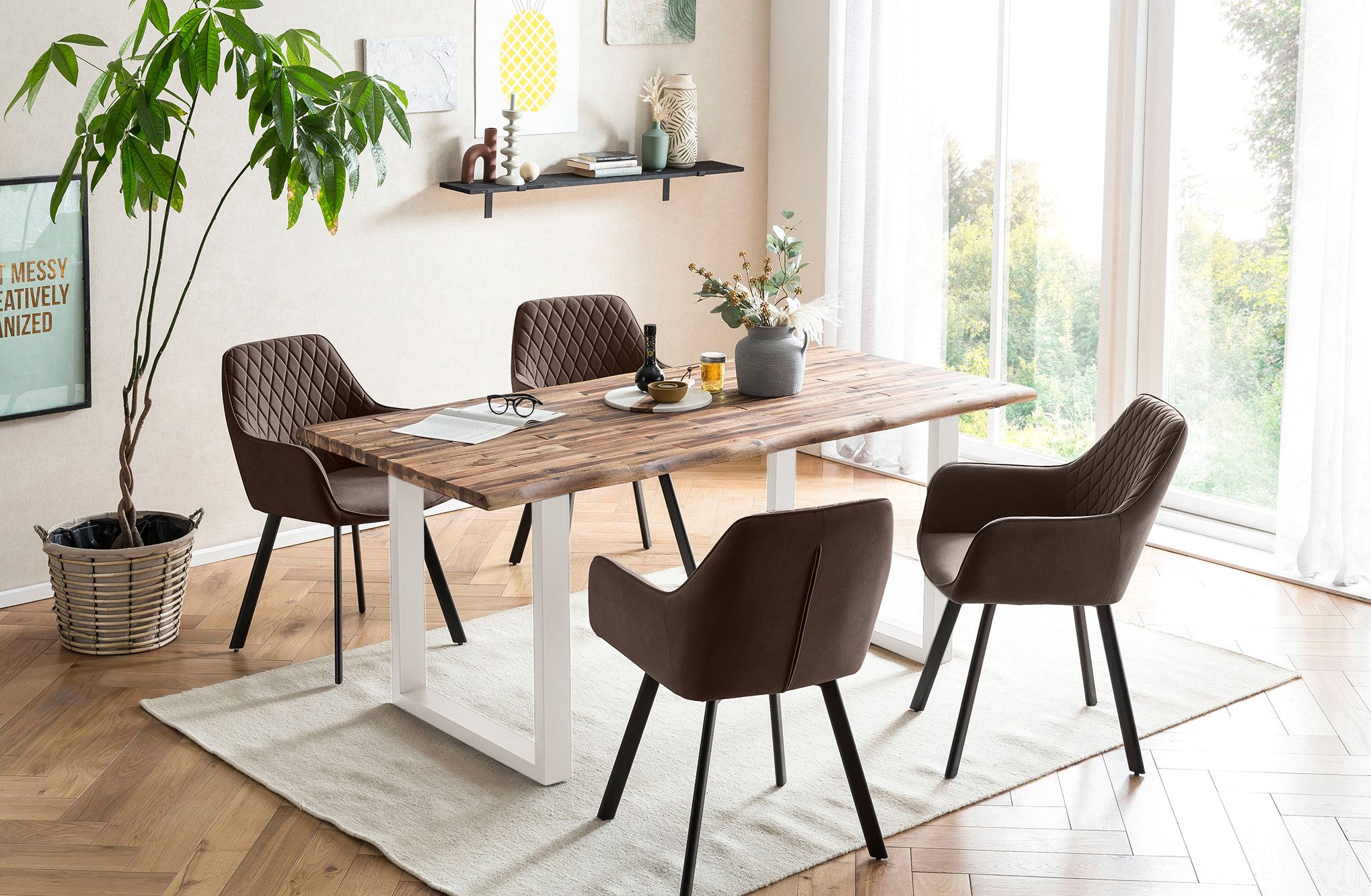 SalesFever Eethoek Tafelblad met ruwe balkoppervlak, rug met ruitstepping (set, 5-delig)