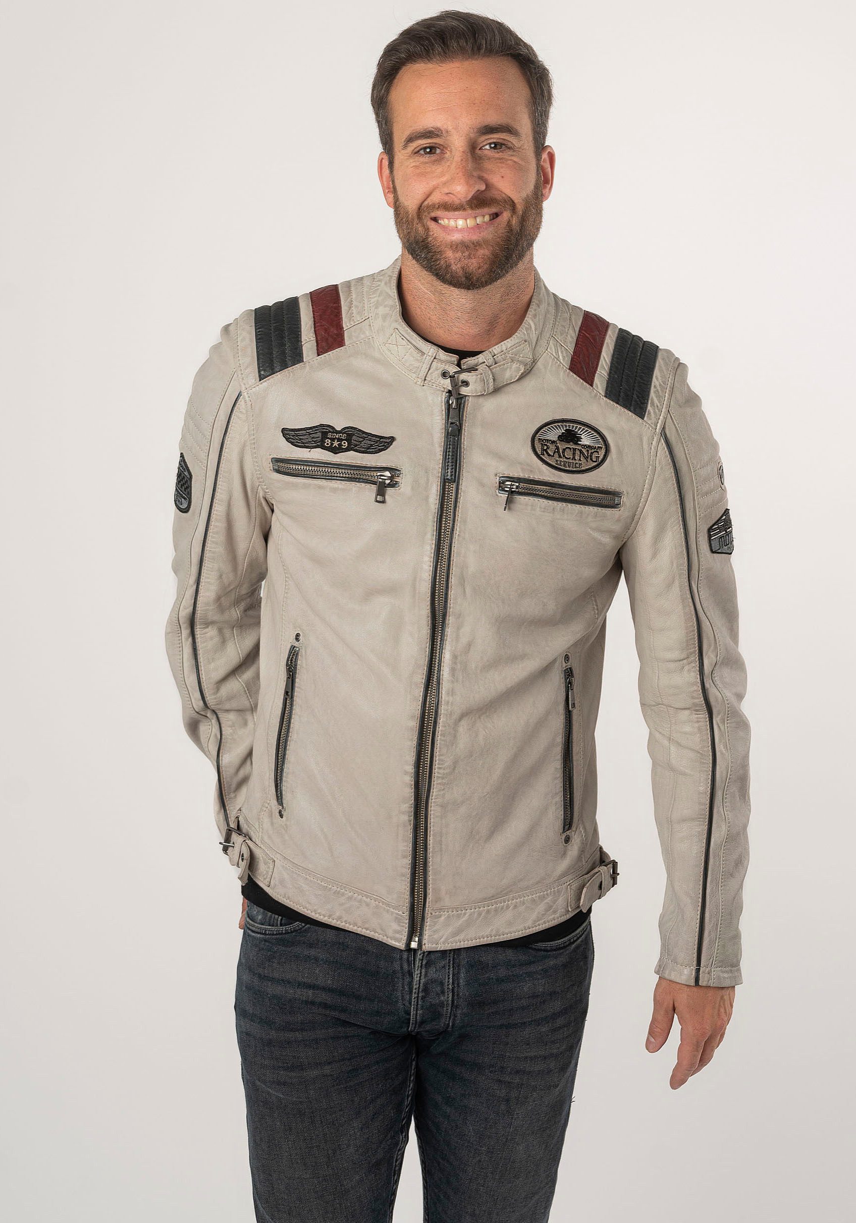 OTTO Mauritius Leren jack MMFurious met contrasterende details, badges, ritsen, staande kraag heren tussenjacks maat 4XL wit