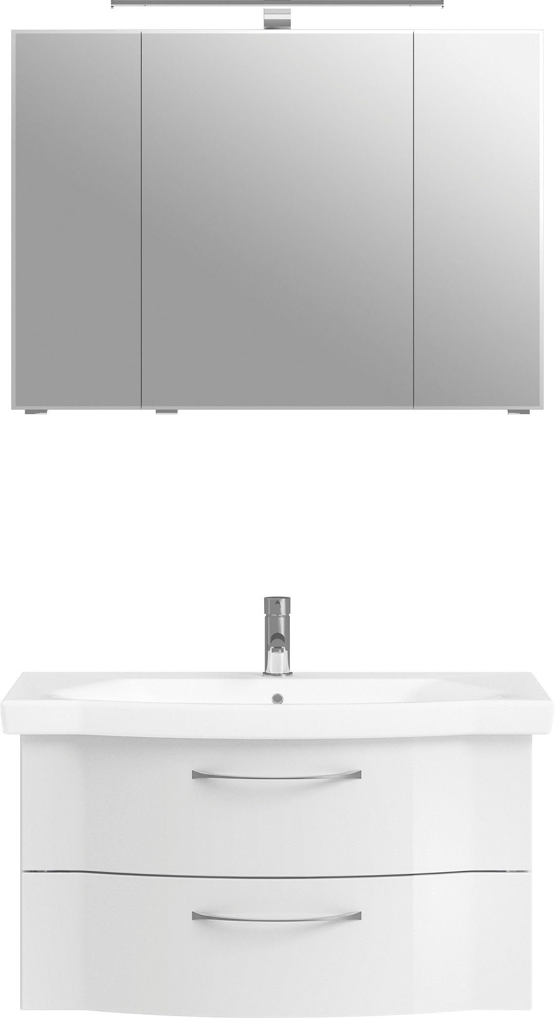 Saphir Badkamerserie 6005 sprint 2-delig, keramiek-wastafelonderkast met led-spiegelkast (2-delig) badmeubelsets wit