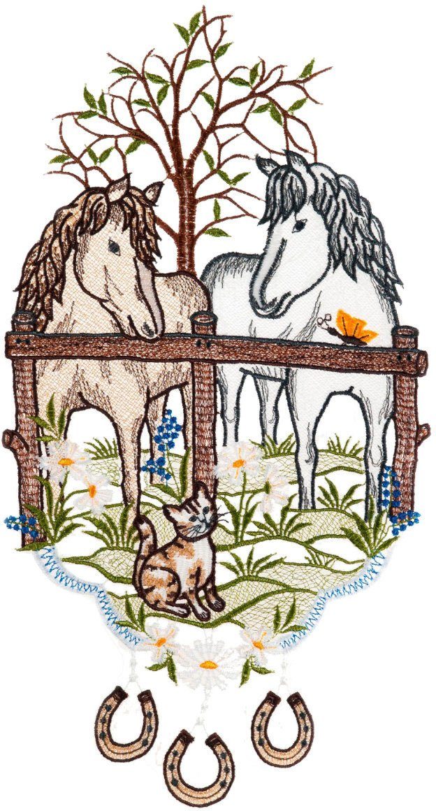 W. Reuter & Sohn - Plauener Spitze Raamdecoratie "span paarden" in kleur raamdecoratie multicolor