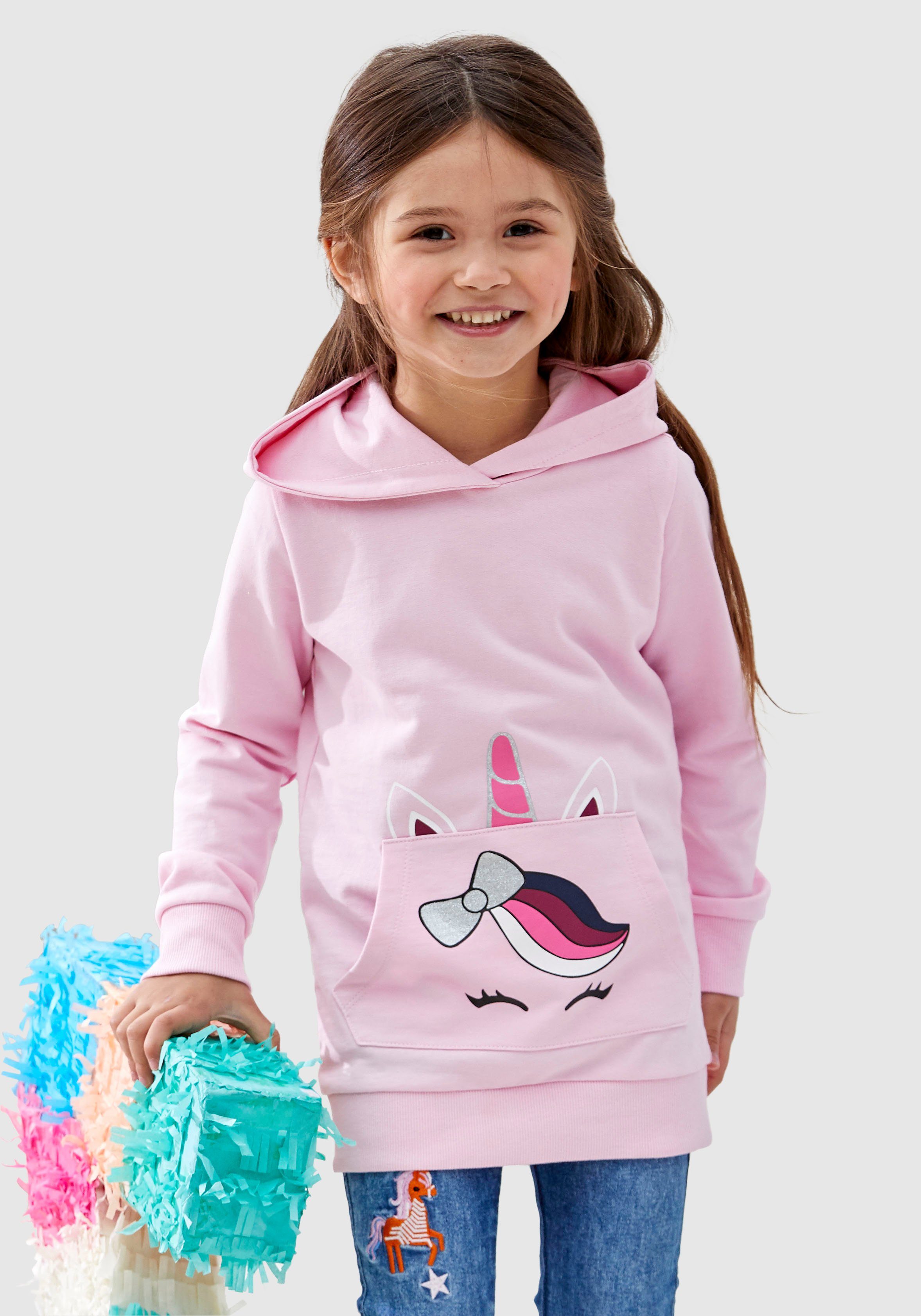 KIDSWORLD Hoodie Long sweatshirt with cute unicorn Lange mouwen, basic pasvorm, bedrukt, met capuchon, van katoen