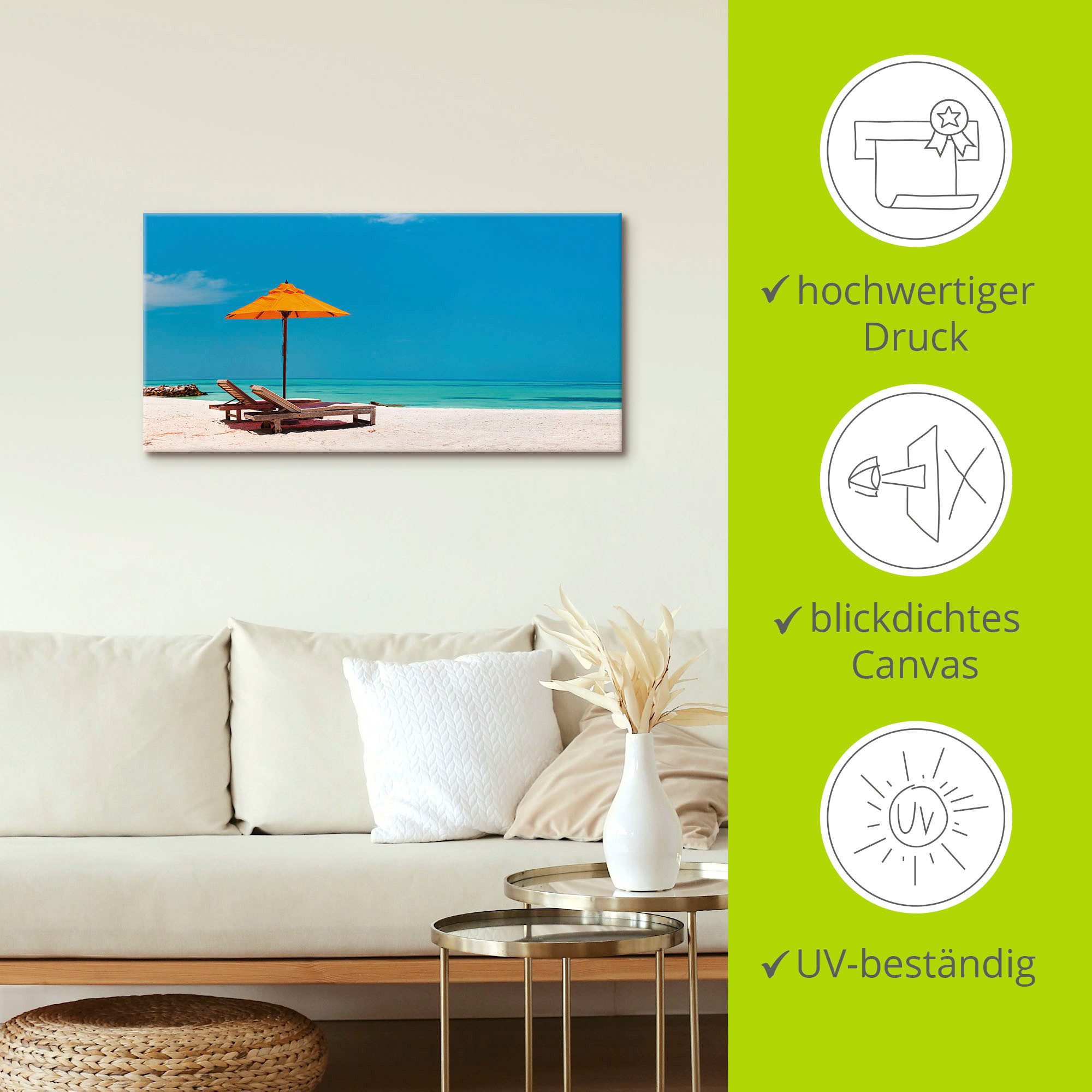 Artland Artprint Ligstoel parasol strand Malediven als artprint van aluminium, artprint voor buiten, artprint op linnen, poster, muursticker