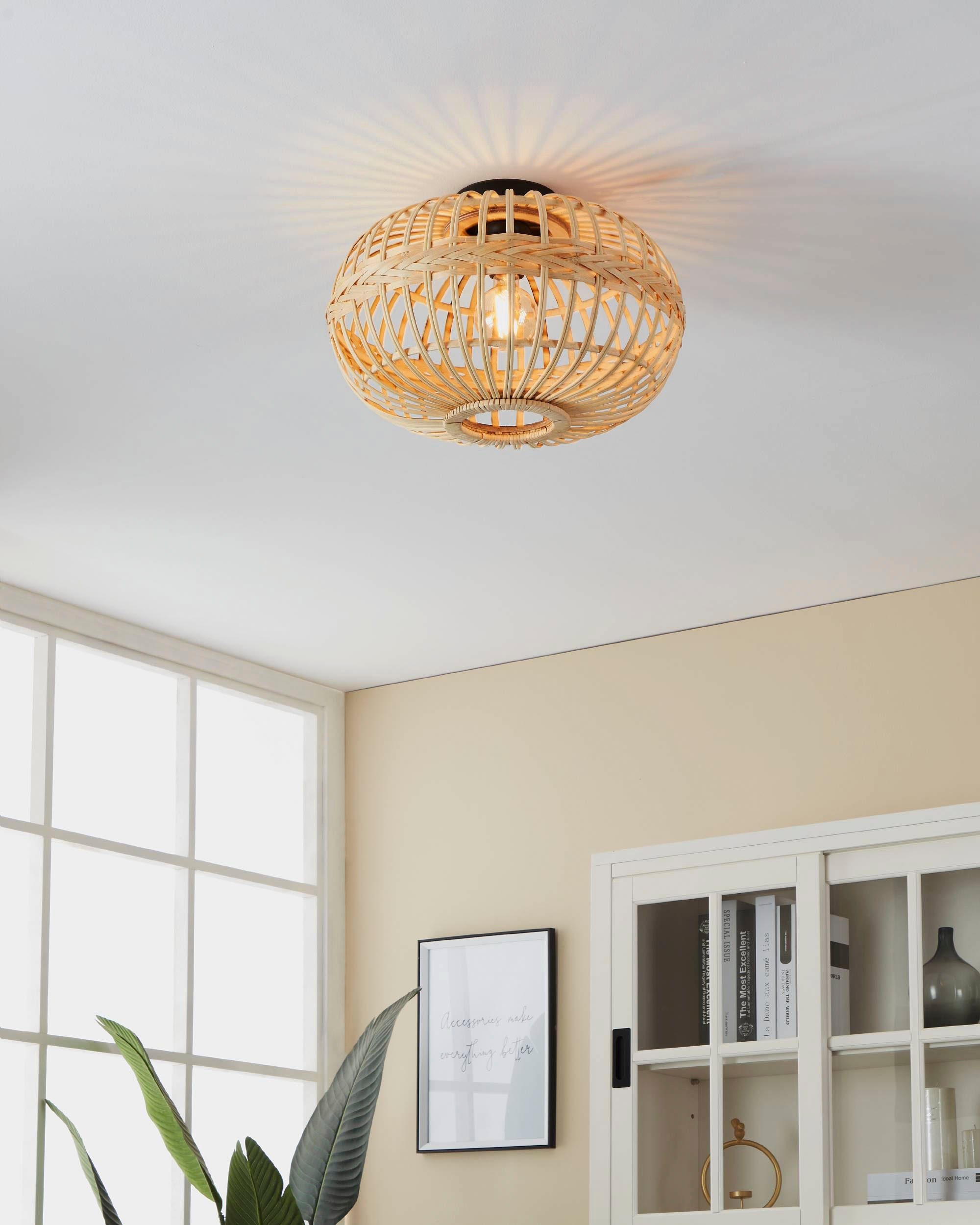 EGLO Plafondlamp AMSFIELD Plafondlamp vintage, natuur, boho, hygge, gevlochten, E27, Ø 45 cm (1 stuk)