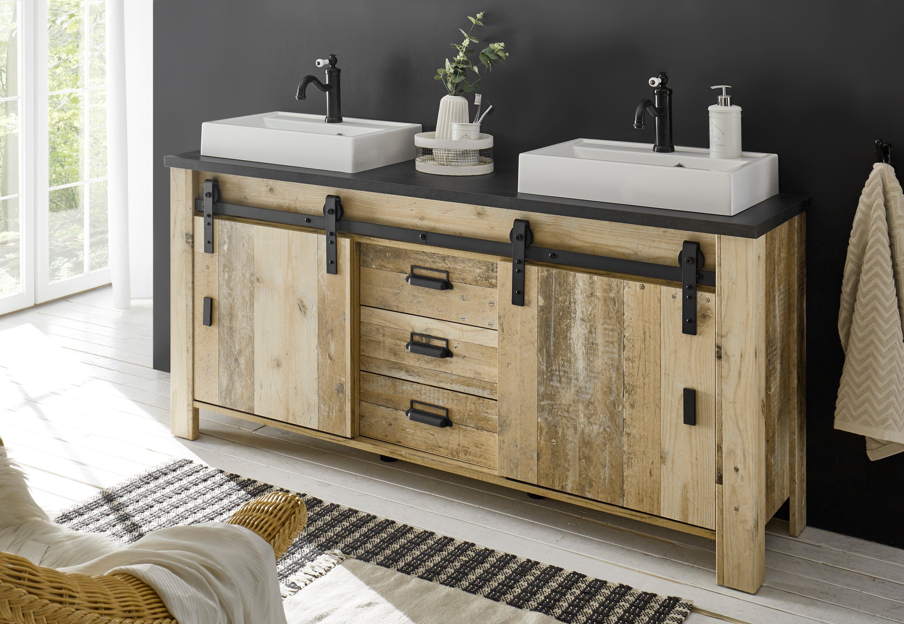 Home affaire Wastafelonderkast Sherwood Hout, schuurdeurbeslag en apothekersgrepen van metaal, hoogte 91 cm (1 stuk)