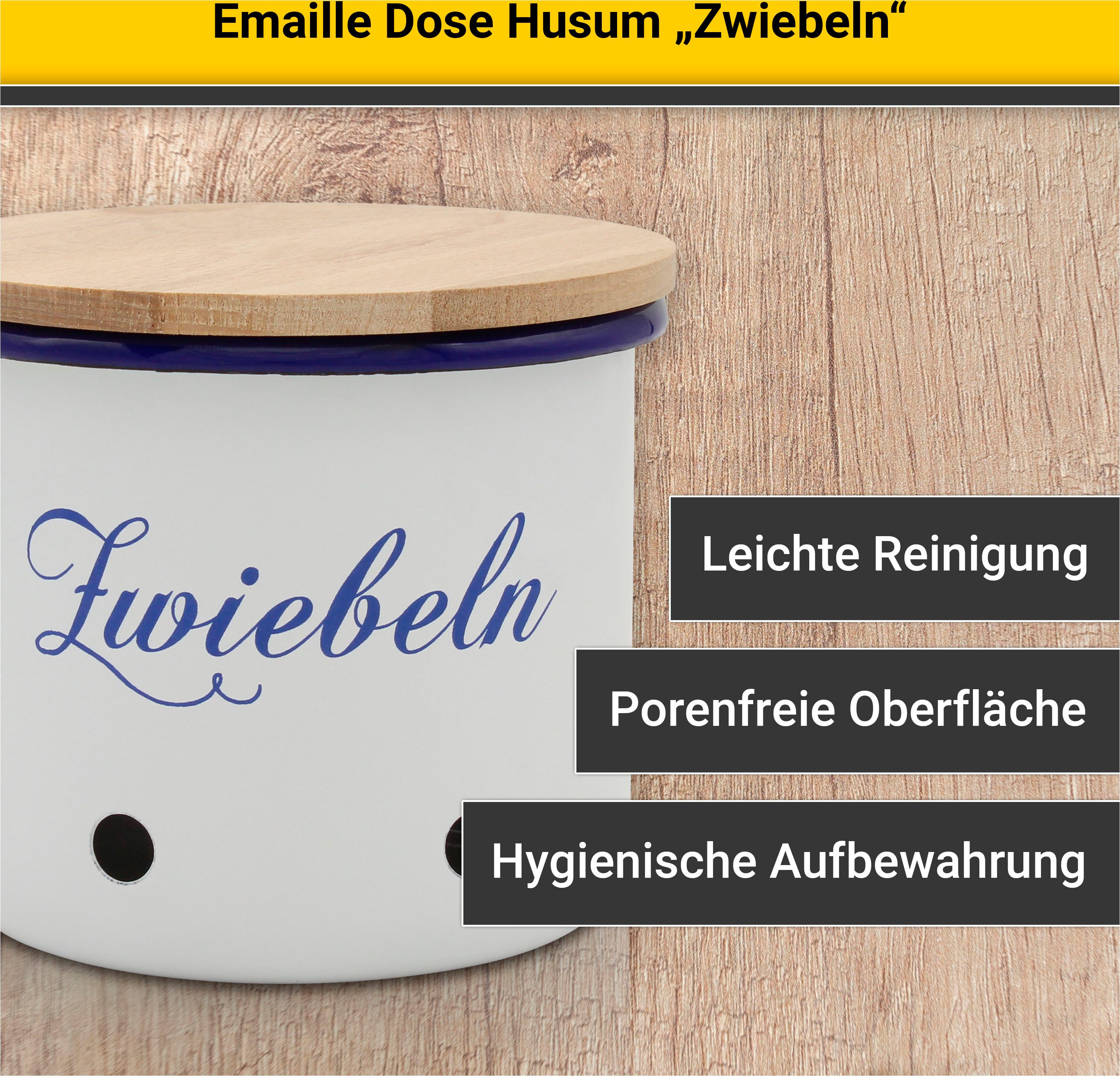 Krüger Voorraadbus Emaille voorraadbus Husum voor uien met houten deksel, 12 cm snij-/krassbestendige oppervlakte, bacteriewerend, extreem duurzaam (1-delig)