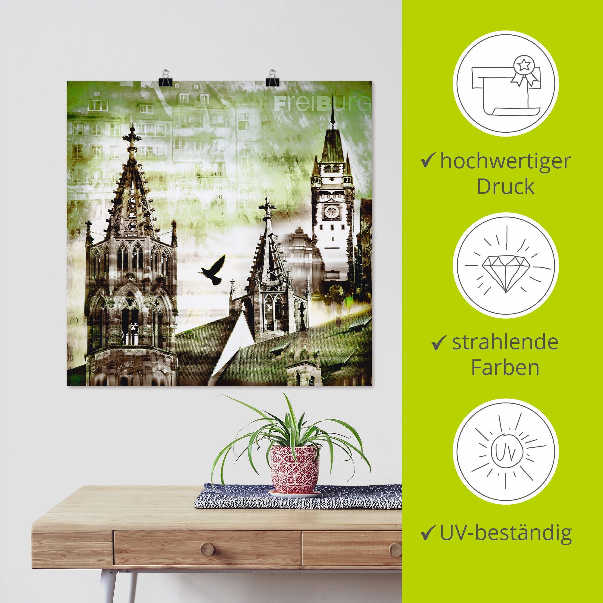 Artland Poster Freiburg skyline abstracte collage als artprint op linnen, muursticker of poster in verschillende maten