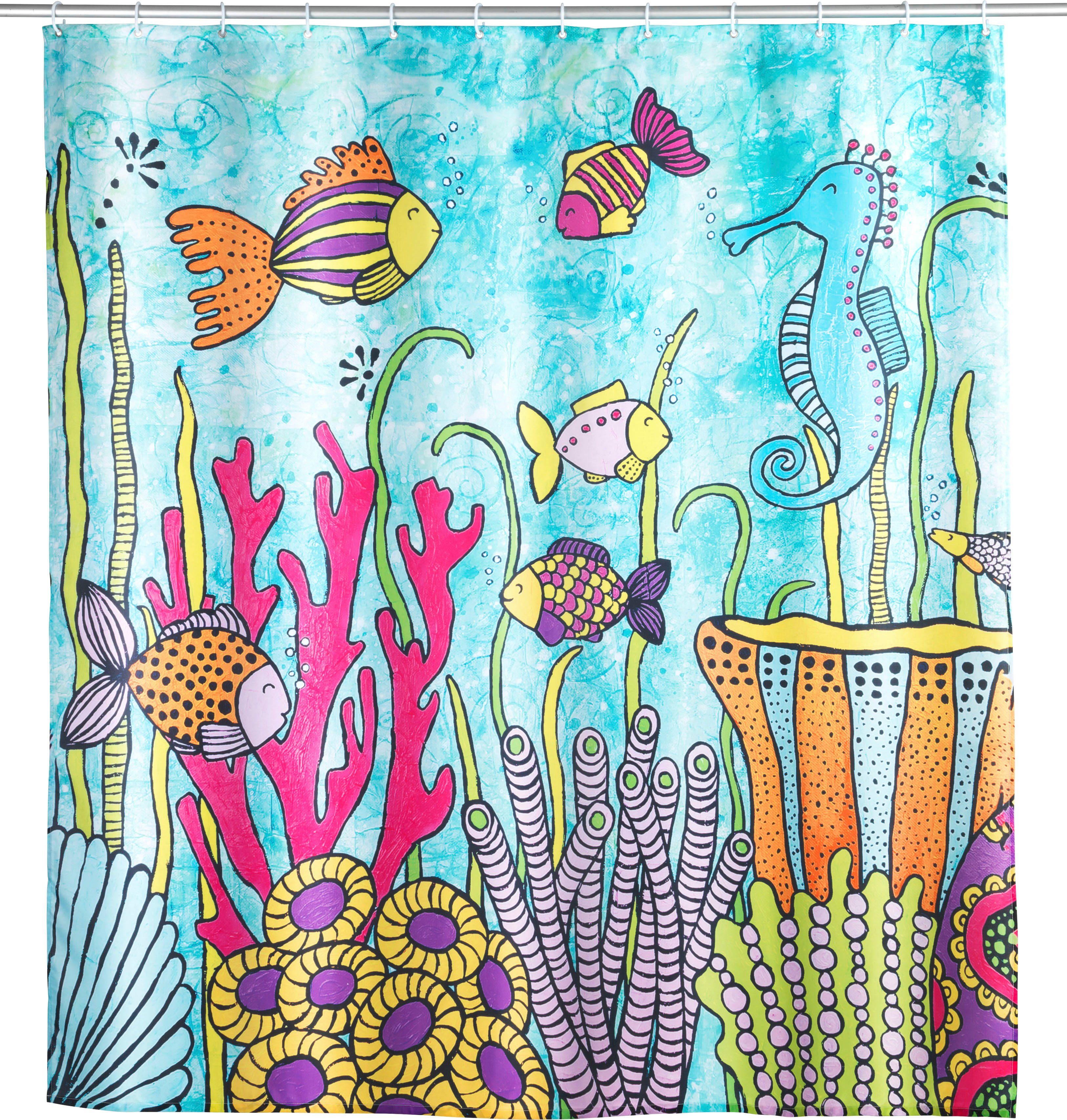 WENKO Douchegordijn Rollin'Art Ocean Life, waterafstotend textieldouchegordijn van 100% polyester met zeelevenprint & verzwaringsband, wasbaar op 30 °C, incl. 12 douchegordijnringe
