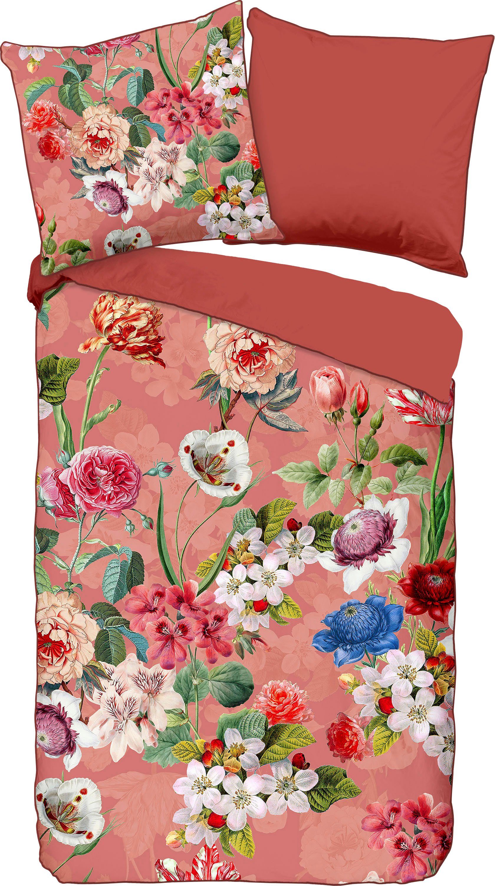 Descanso Tweezijdig te gebruiken overtrekset Amalia Katoen, Satijn, 135x200, Bies, Rits, Omkeerbaar, Bloemen Terra