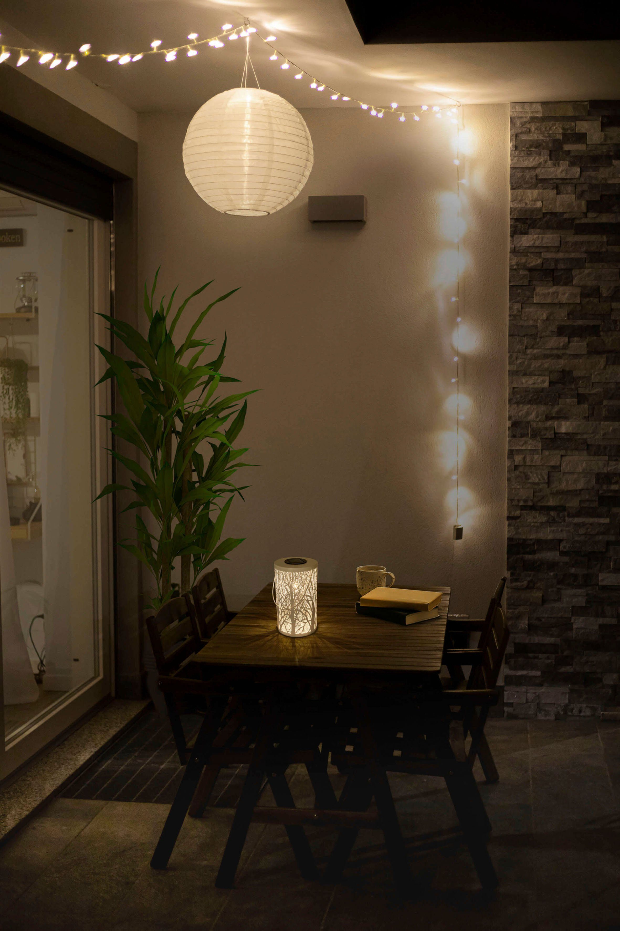 näve Ledsolarlamp Bos rond d: 12 cm, h: 20 cm, wit, bosmotief, warmwit licht, accu, handgreep (1 stuk)