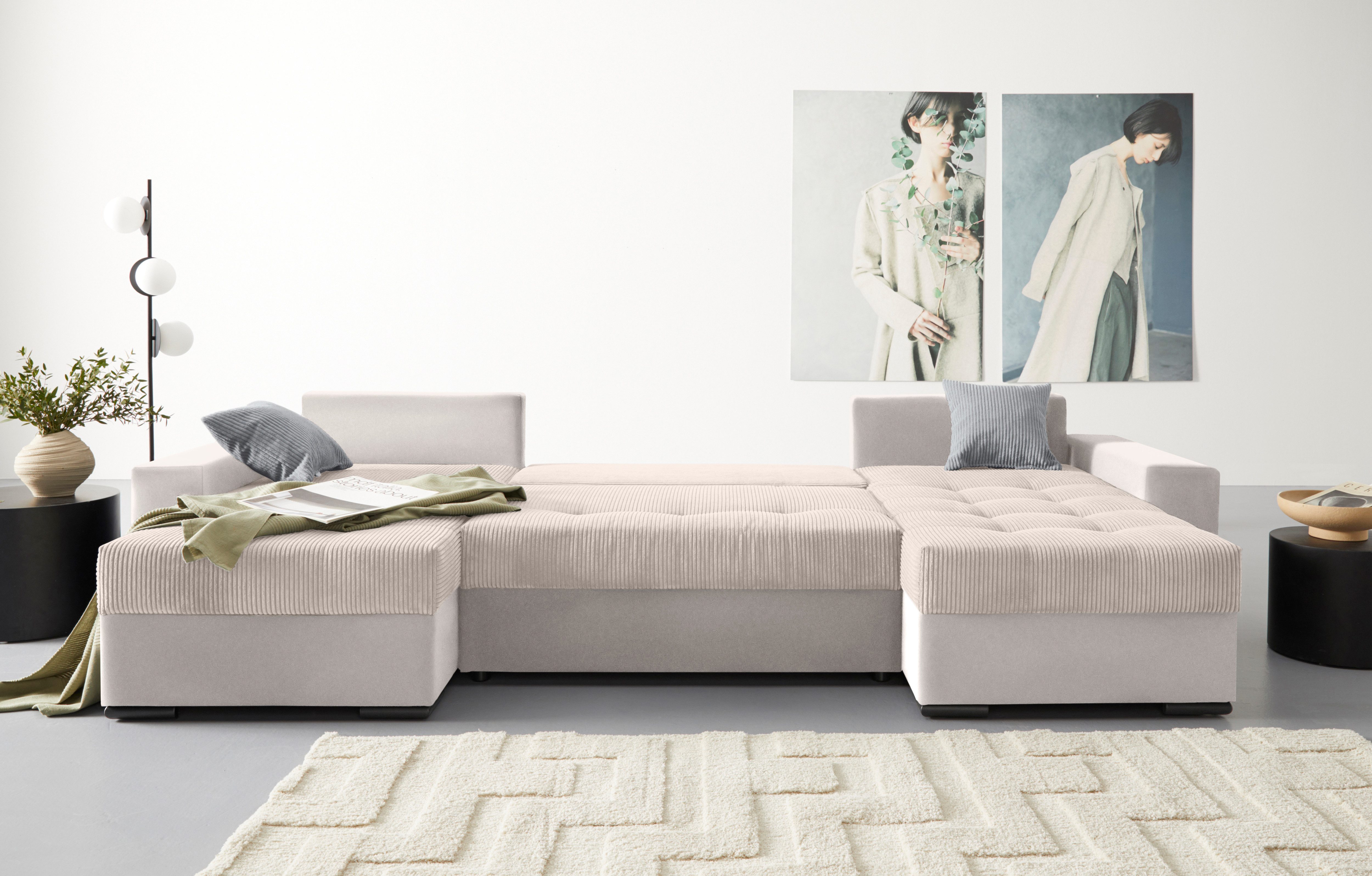 COLLECTION AB Zithoek XL-Josy U-vorm, breedte 313 cm, cord-/mix incl. bedfunctie, bedlade, met 4 gelijk grote rugkussens