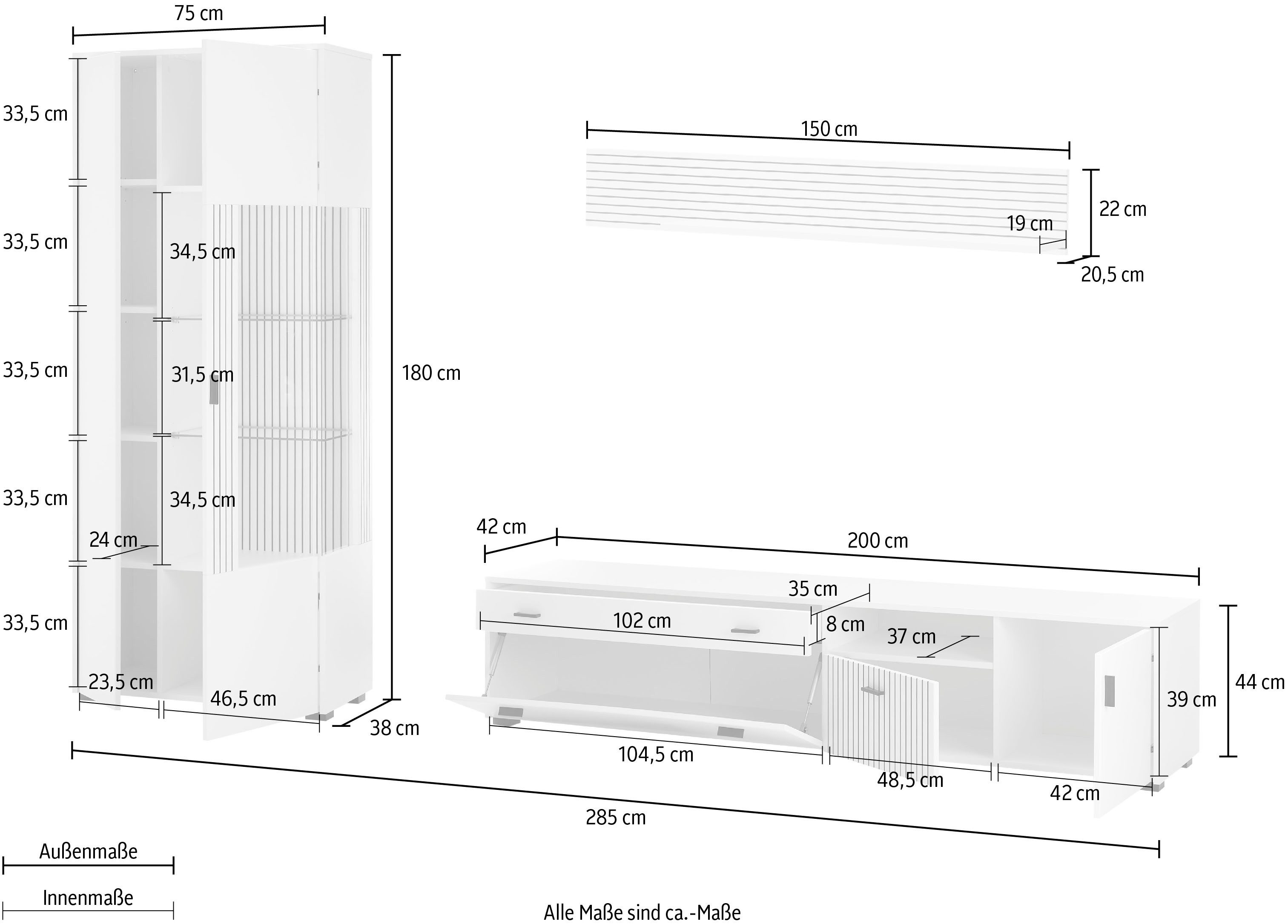 INOSIGN Wandmeubel Hudson met moderne groevenlook, handgrepen van metaal (zwart), breedte 285 cm (set, 3-delig)