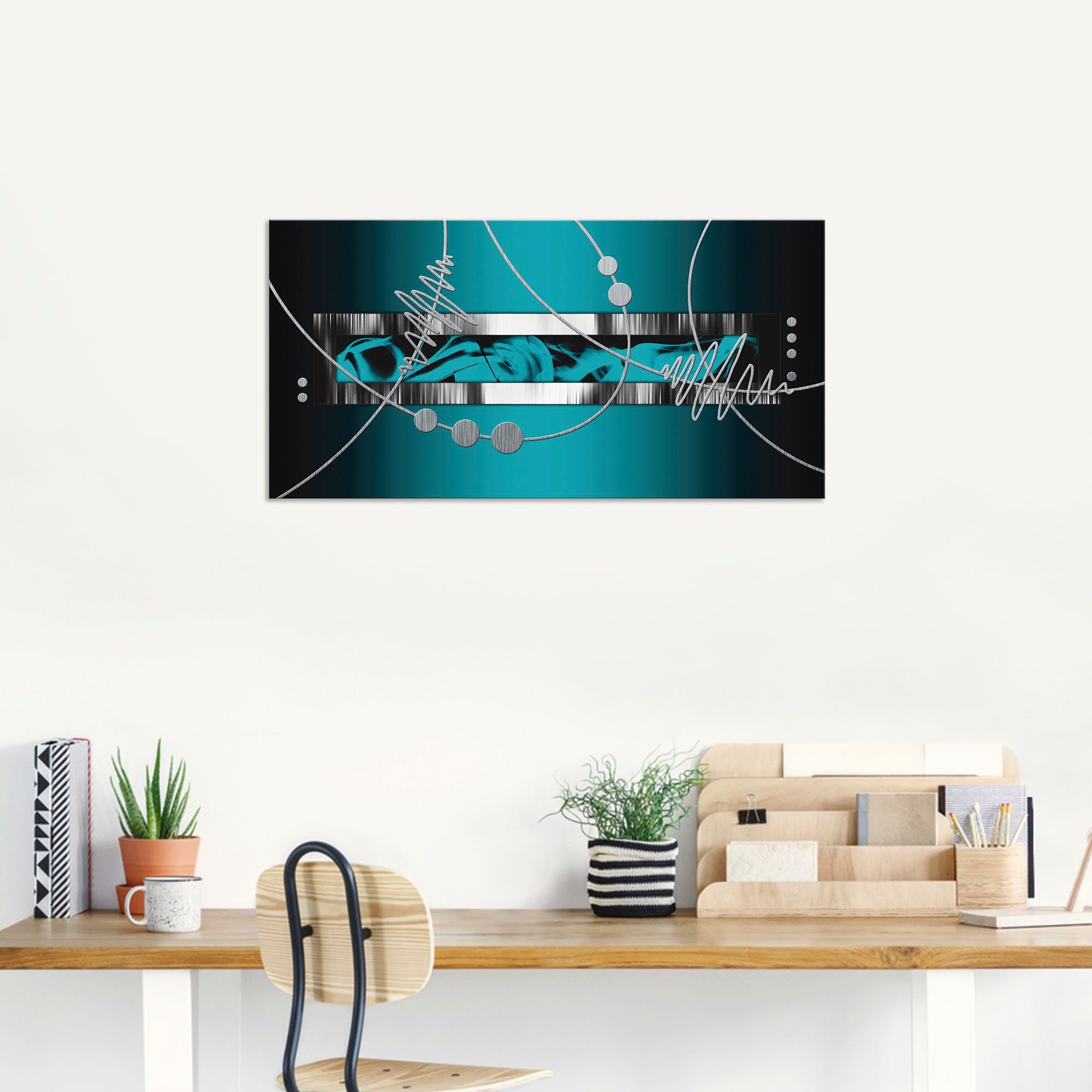 Artland Artprint Zilverkleur abstract op petrol als artprint van aluminium, artprint voor buiten, artprint op linnen, poster, muursticker