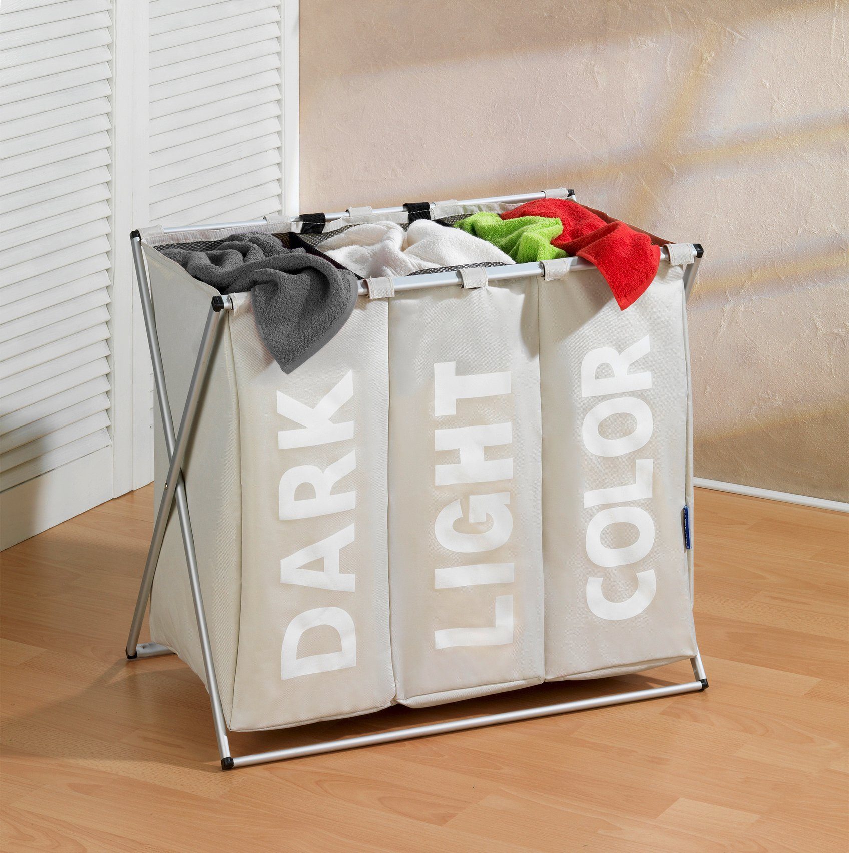 WENKO Wasmand TRIO beige, 3-delige indeling, inklapbaar, met grepen