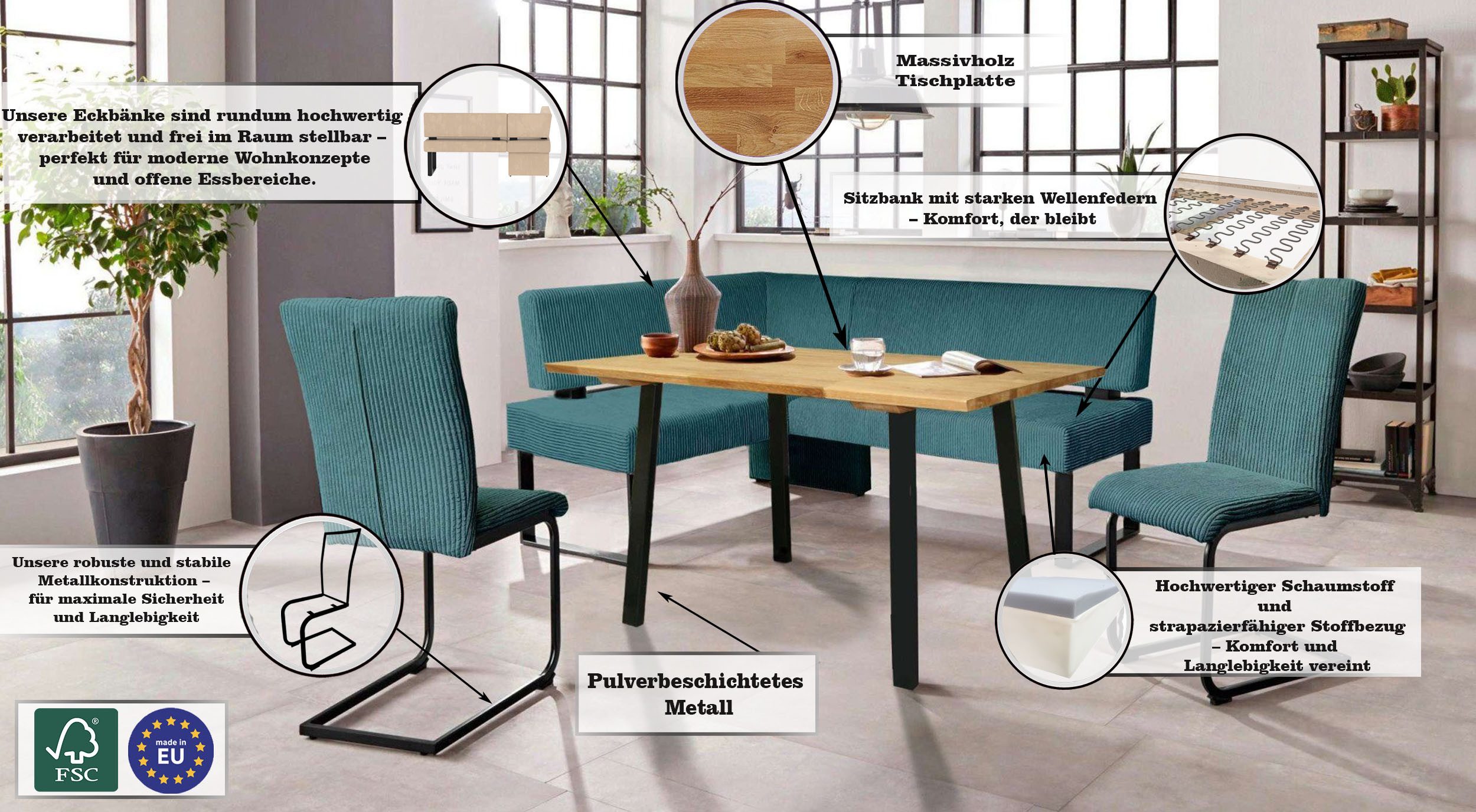 Home affaire Eethoek Oliver Hoekbank met golfvering in de zitting, tafel massief eiken (set, 4-delig)