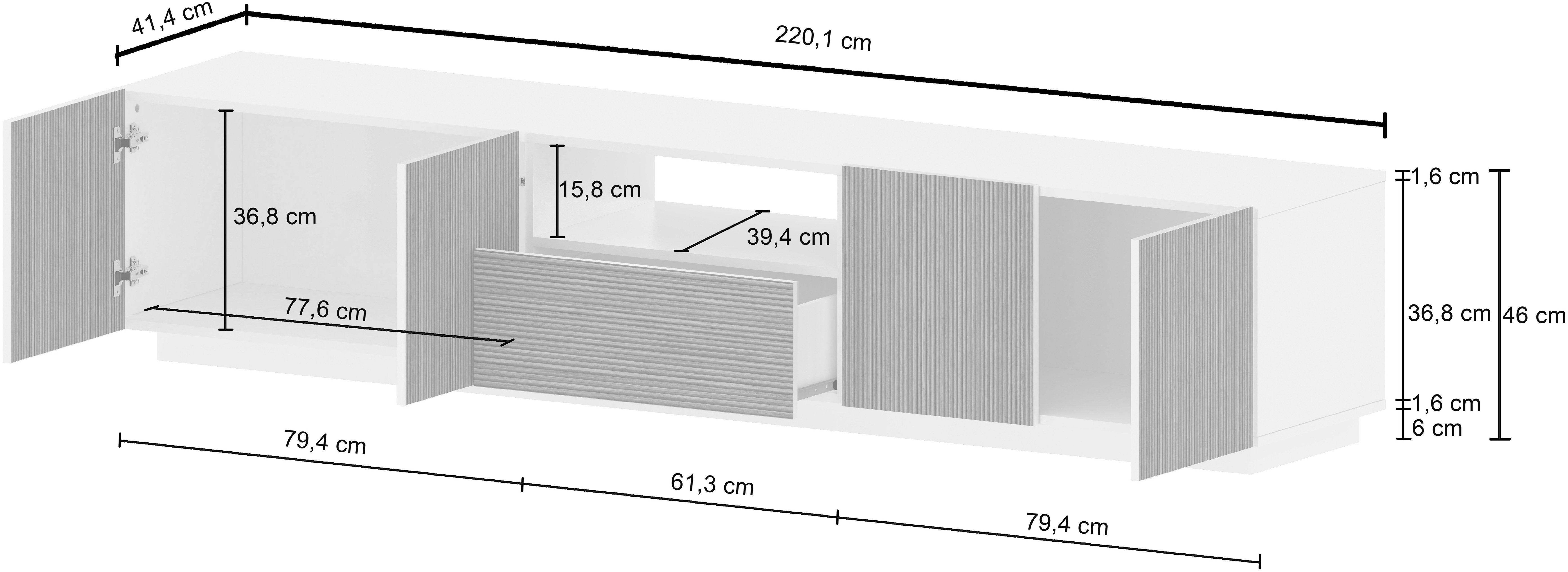 INOSIGN Tv-meubel Vega, Lowboard, TV-meubel, TV-kast, 220 cm met 4 deuren en 1 lade, fronten met groeflook