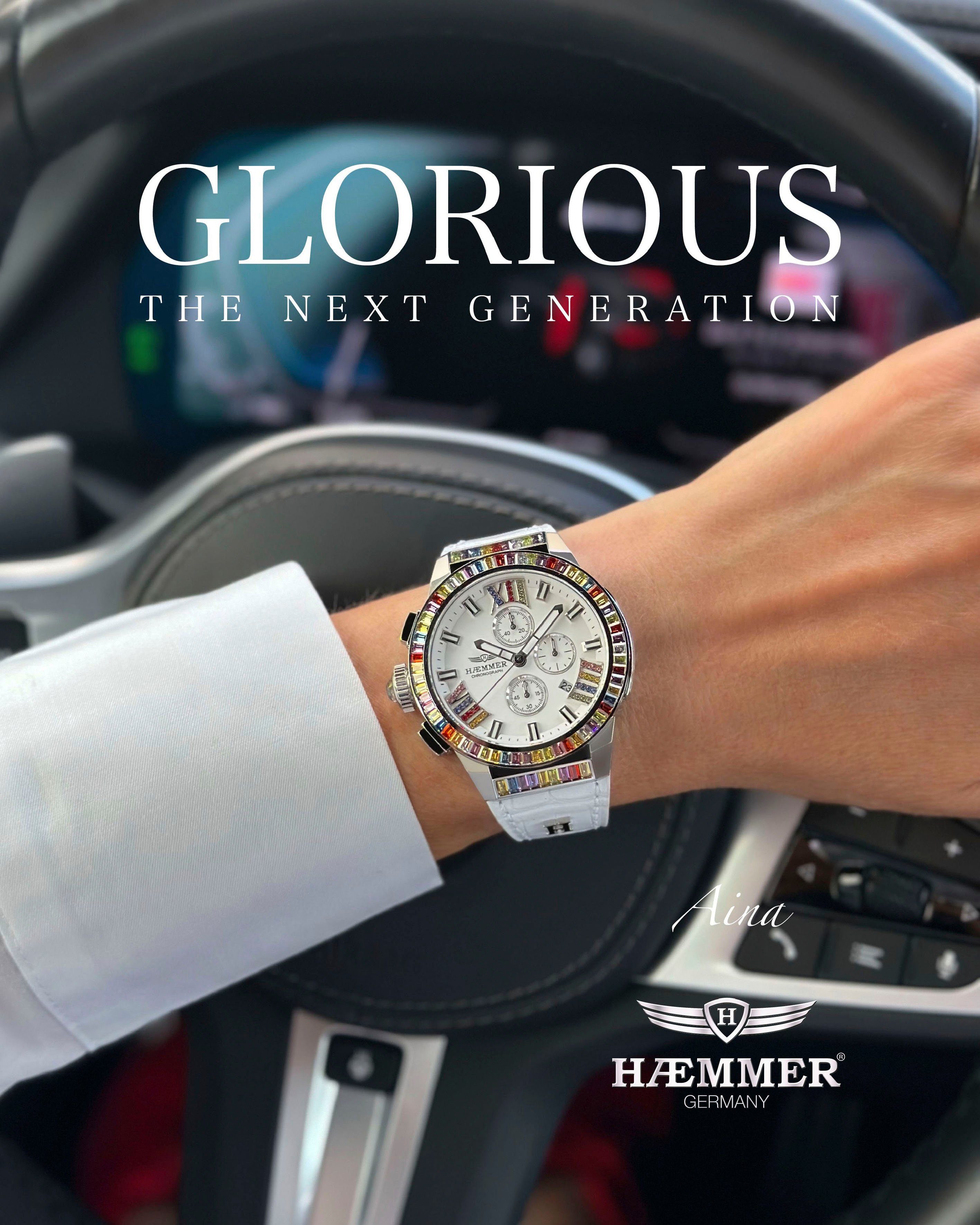 HAEMMER GERMANY Chronograaf Glorious Quartzhorloge, dameshorloge, datum, stopwatchfunctie, saffierglas, leren band