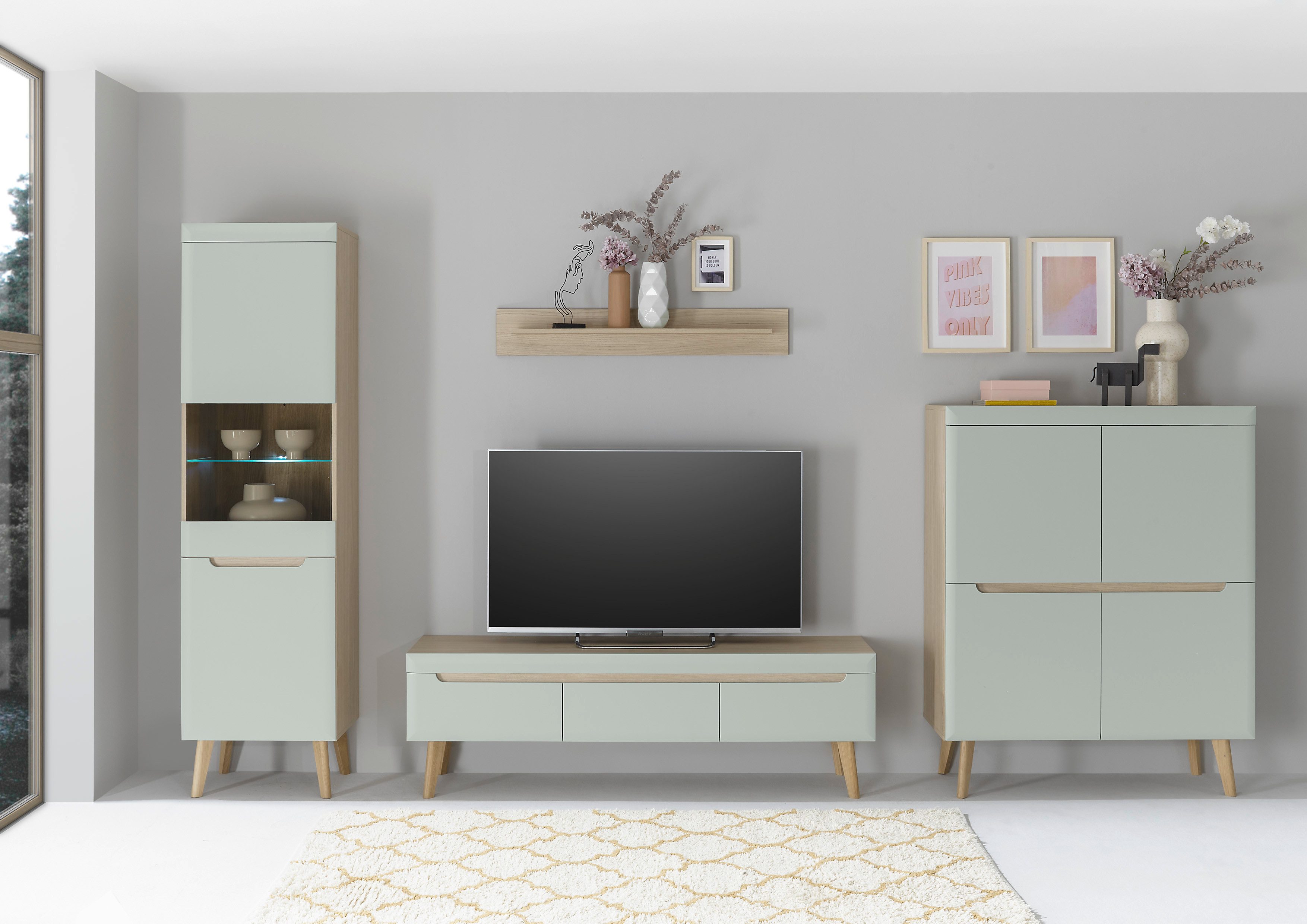 INOSIGN Wandmeubel Torge, wandmeubel, kastwand, mediawand, woonkamer-set bevat 1 vitrine, 1 lowboard, 1 highboard + 1 wandplank, 360 cm breed (set,