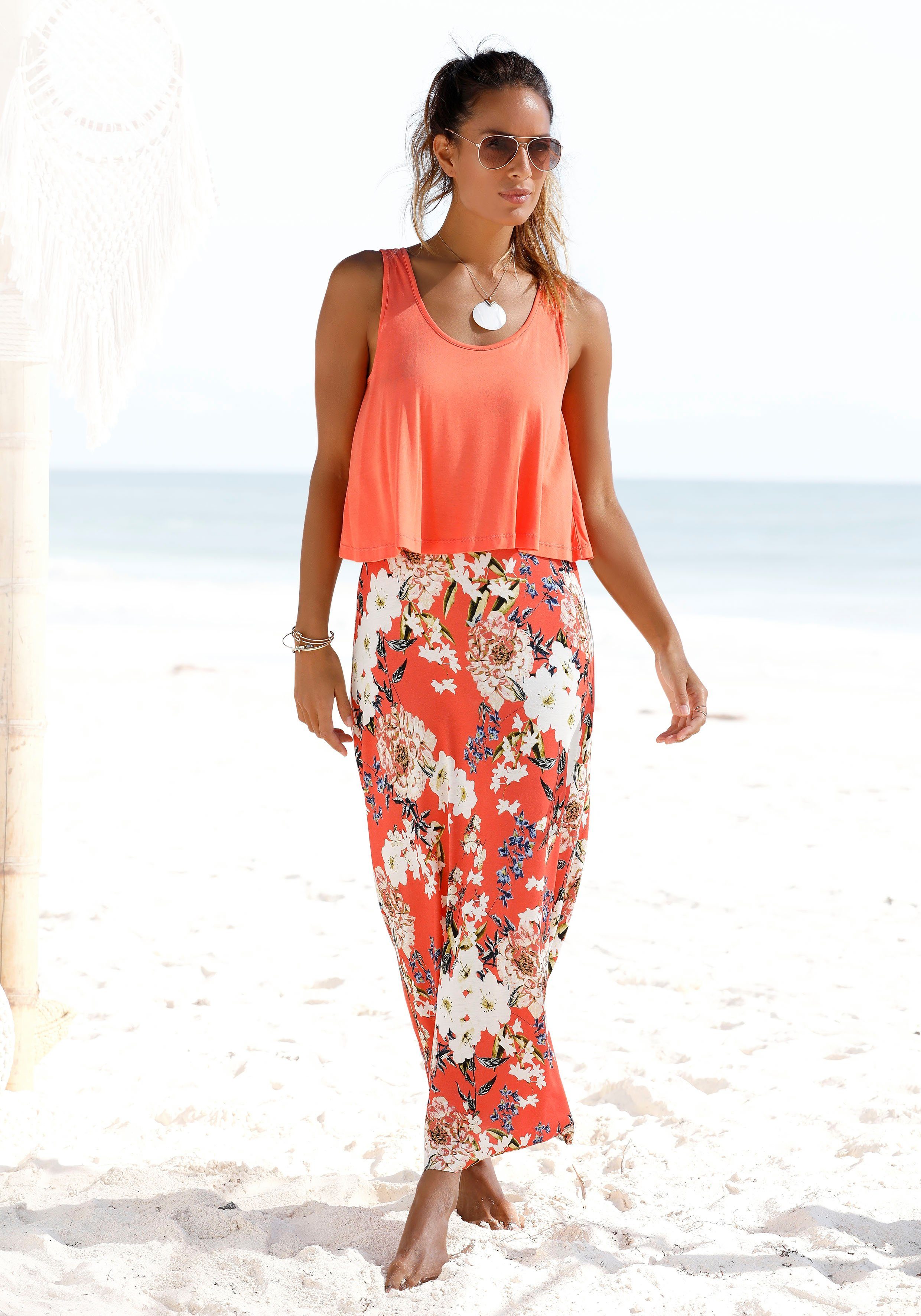 s.Oliver RED LABEL Beachwear Maxi-jurk in lagen-look met bloemenprint, zomerjurk, strandjurk