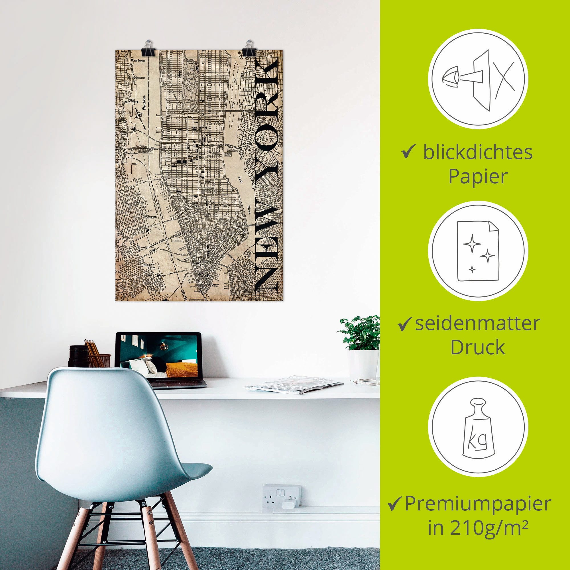 Artland Artprint New York kaart straten kaart Grunge als artprint op linnen, poster in verschillende formaten maten