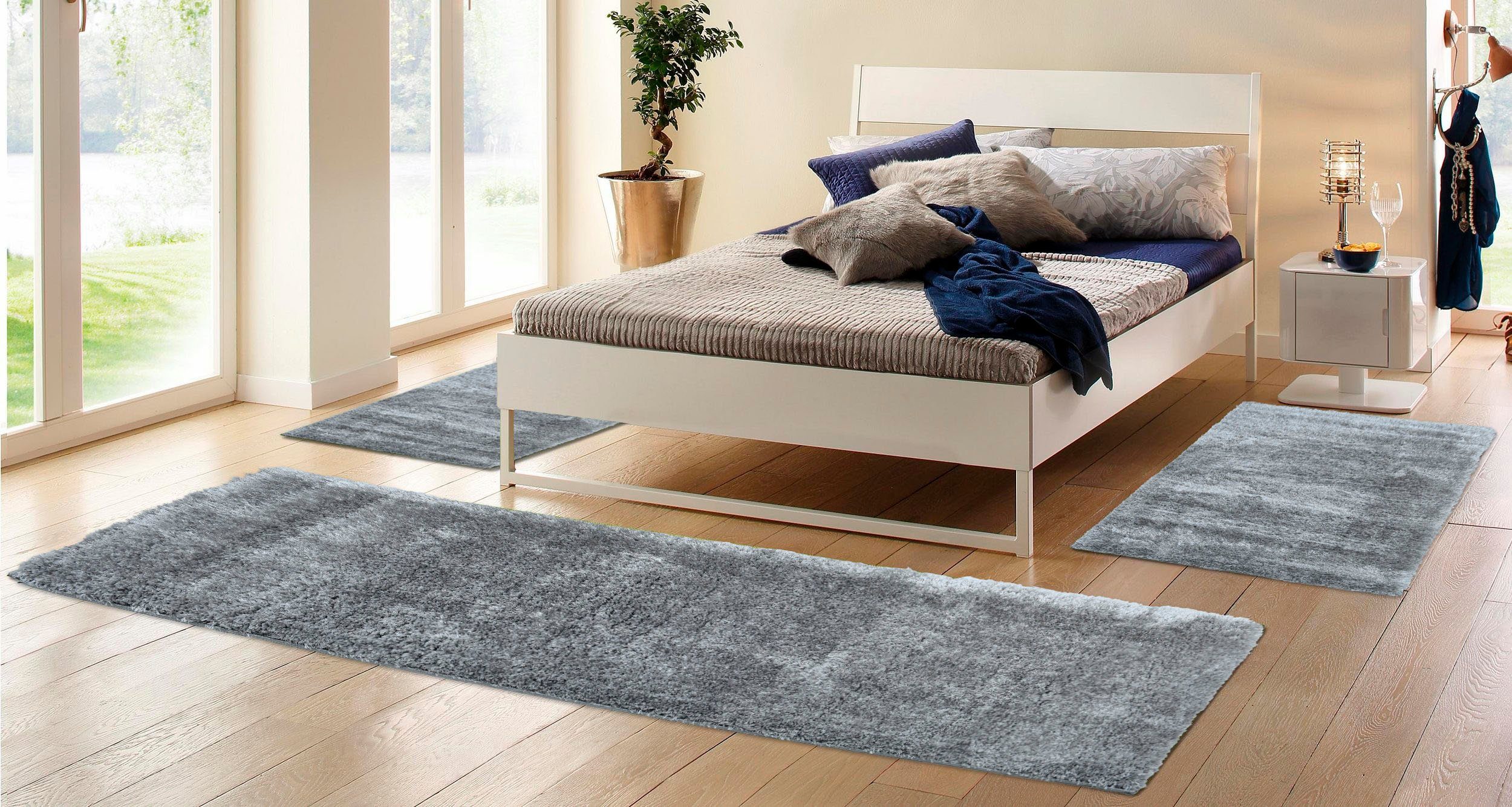 my home Set slaapkamerkleedjes Malin Hochflor, shaggy, effen kleuren, lichte glans, microvezel, onderhoudsvriendelijk