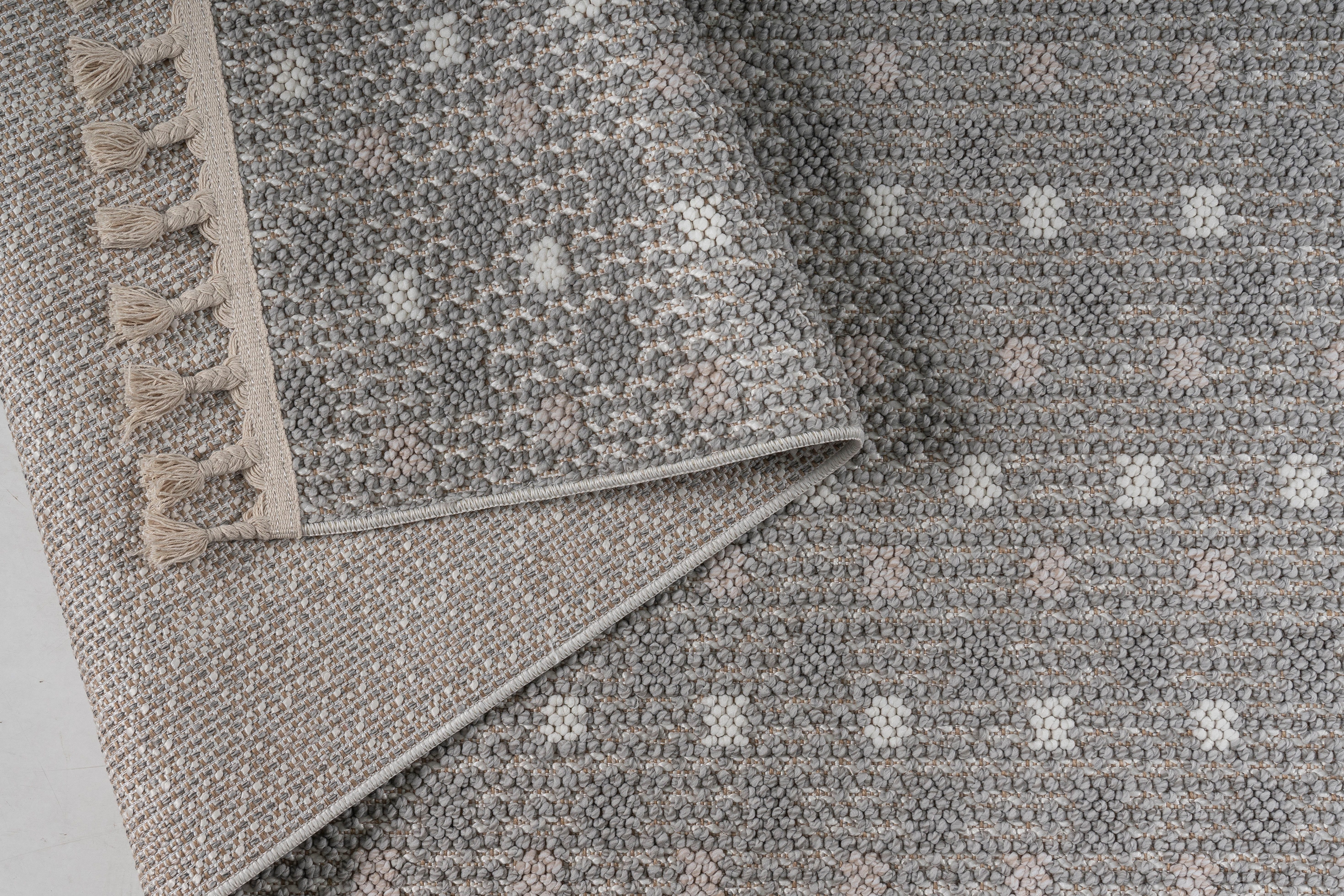 Bruno Banani Vloerkleed Dotty Wol-look, hoog-laag structuur, geschikt voor binnen en buiten, met franjes