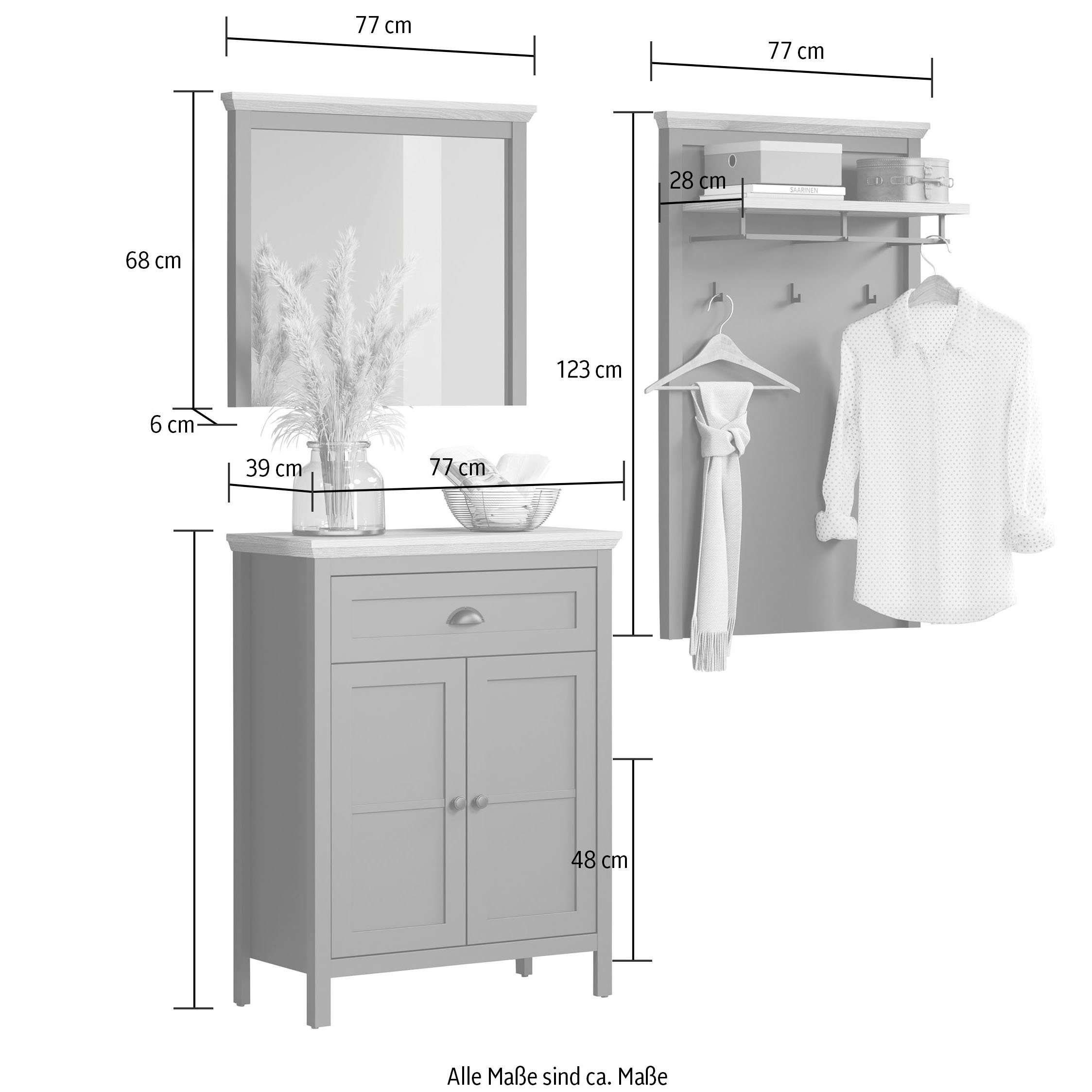 Home affaire Halmeubelset Vienna Garderobemeubels - Schoenkommode, paneel en spiegel - 169/39/198 cm (3-delig)