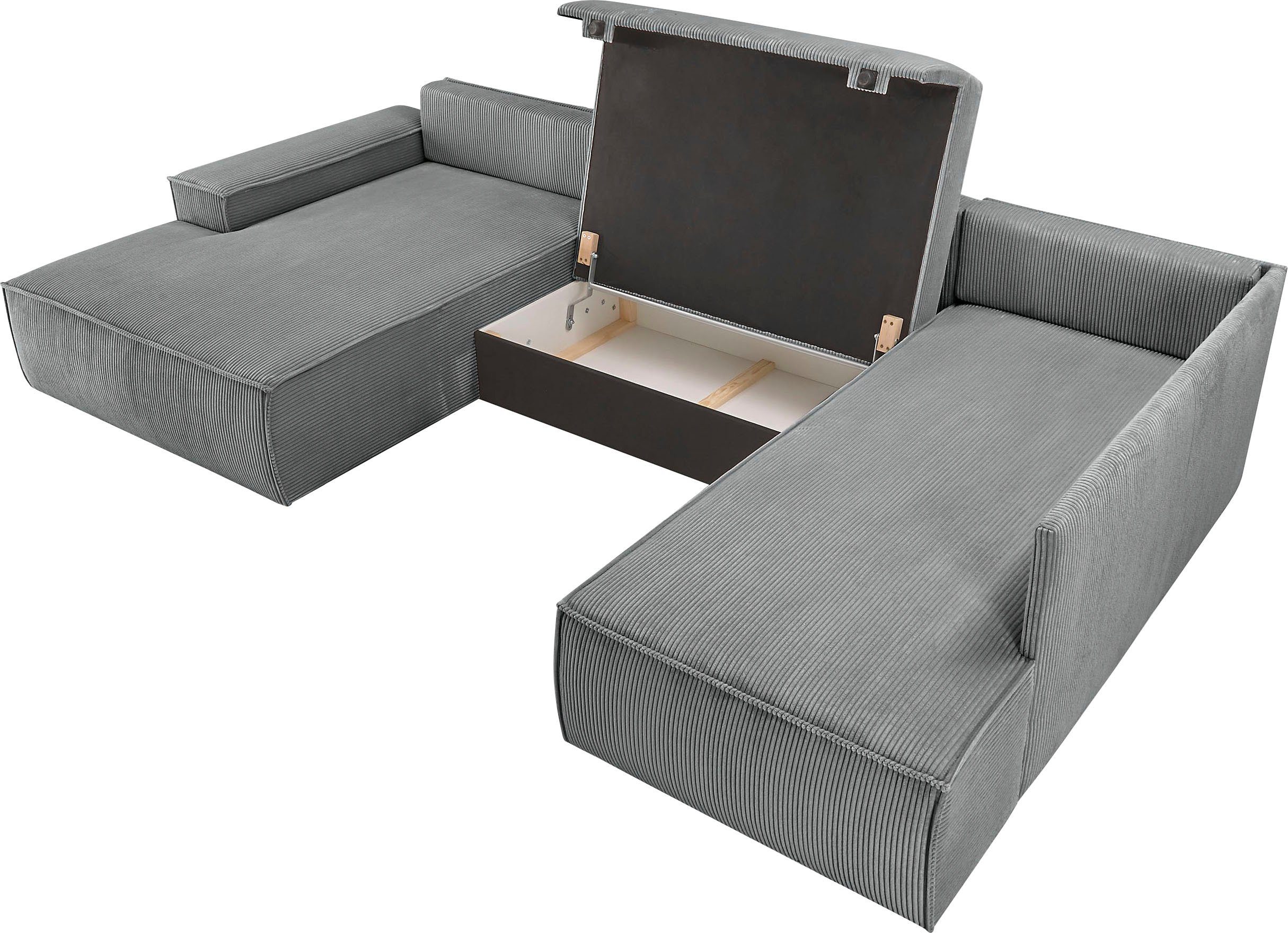Home affaire Zithoek SHERWOOD 329 cm, U-vorm, slaapbank, Slaapfunctie met bedkist (194x139 cm), cord, vintage, fluweel