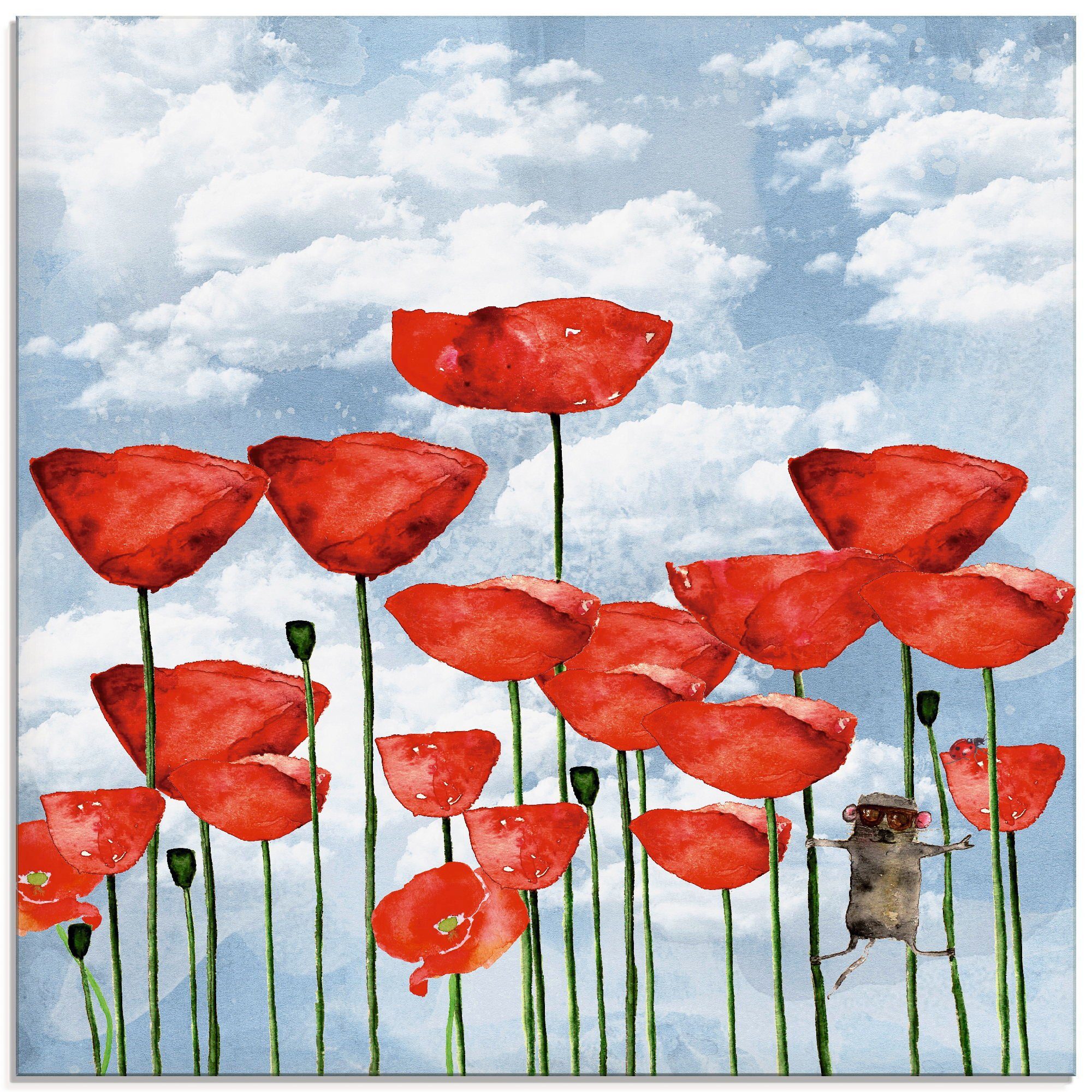 Artland Print op glas Muis in veld klaprozen op een bewolkte dag (1 stuk)