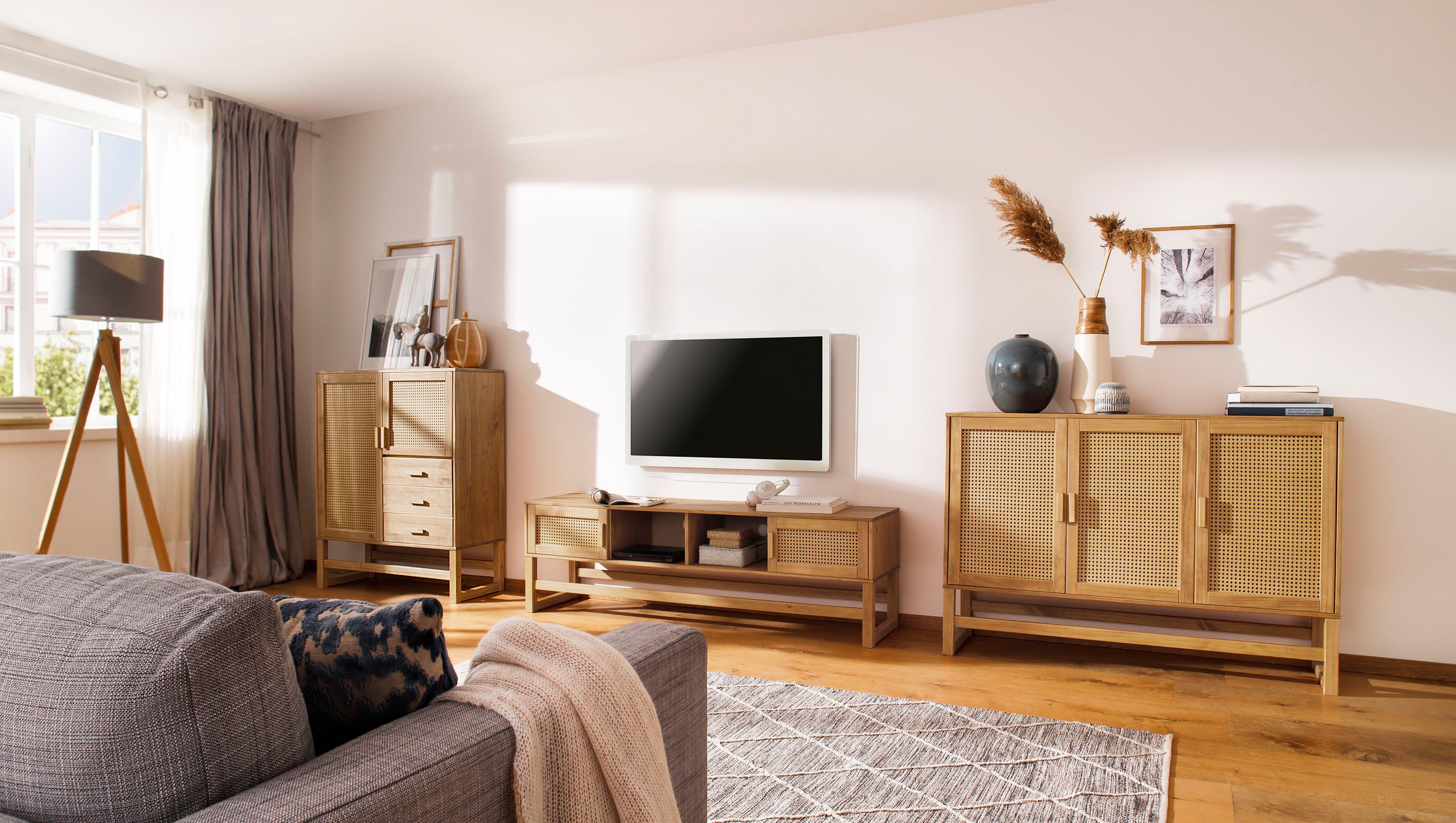 Home affaire Highboard Linz Opbergkast met rotan vlechtwerk op de deurfronten, massief hout