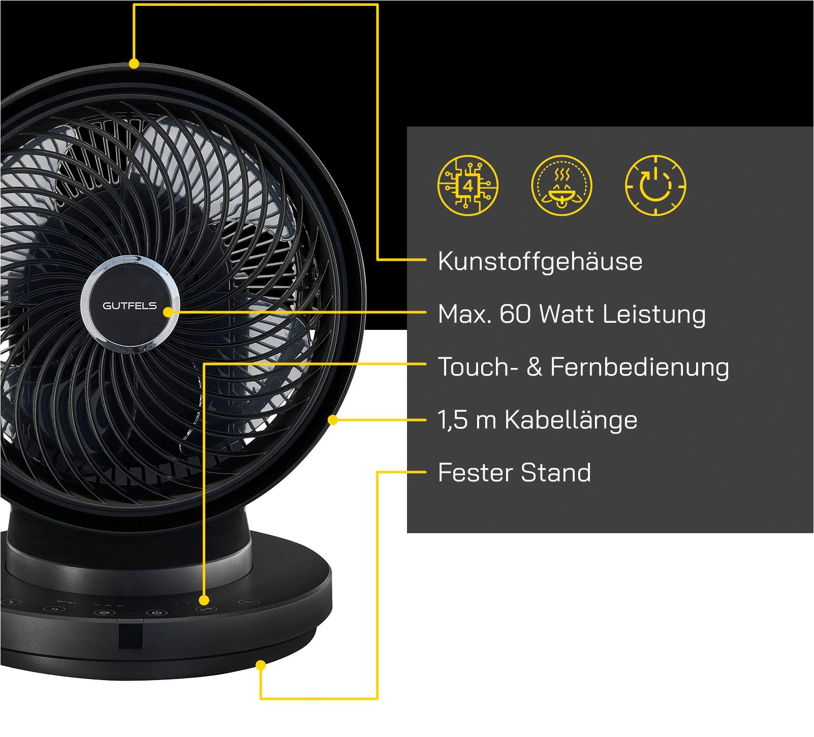 Gutfels Tafelventilator VT 66566 sw LED key touch control & afstandsbediening, 7 uur timer, 60 W vermogen