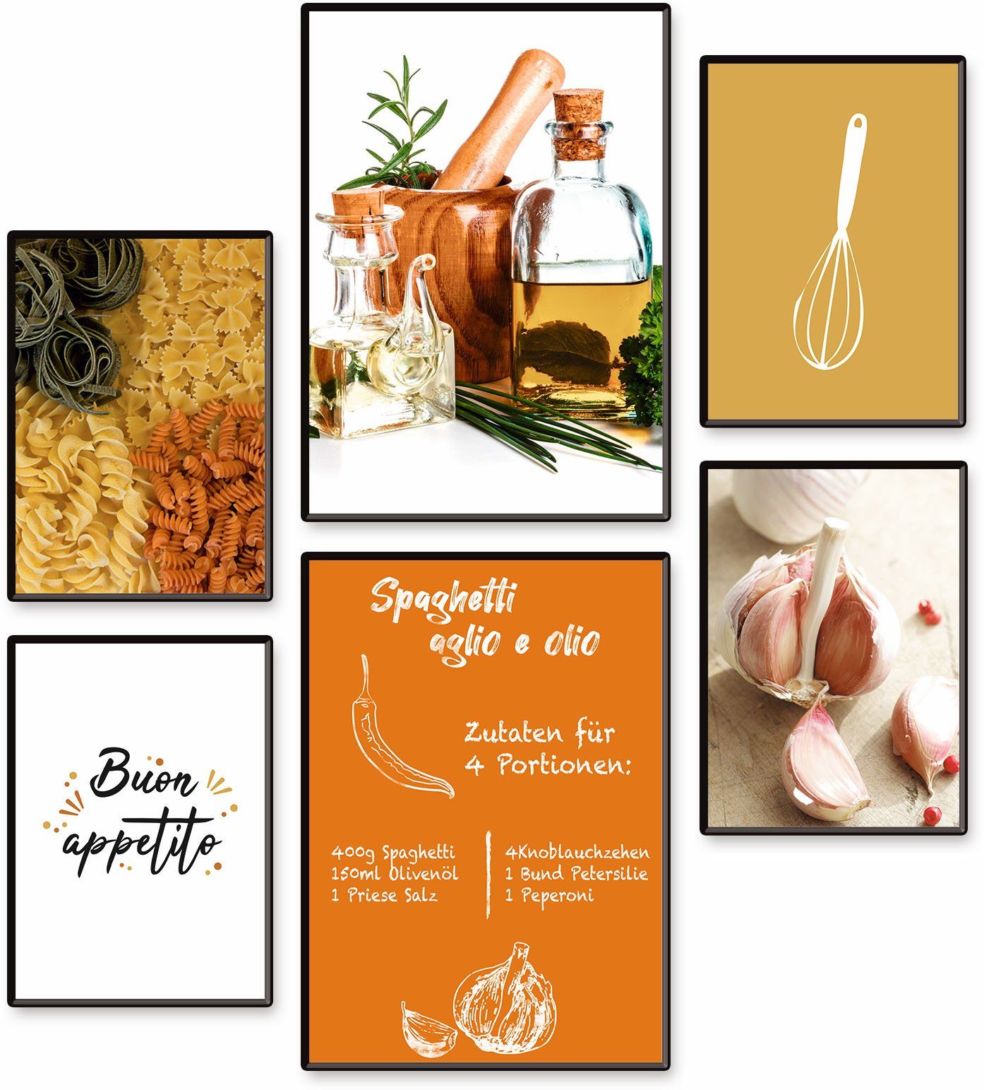 Artland Poster Spaghetti pasta recept 6-pack, 2xdin a3 / 4xdin a4, zonder lijst (set, 6 stuks) deurposters bruin