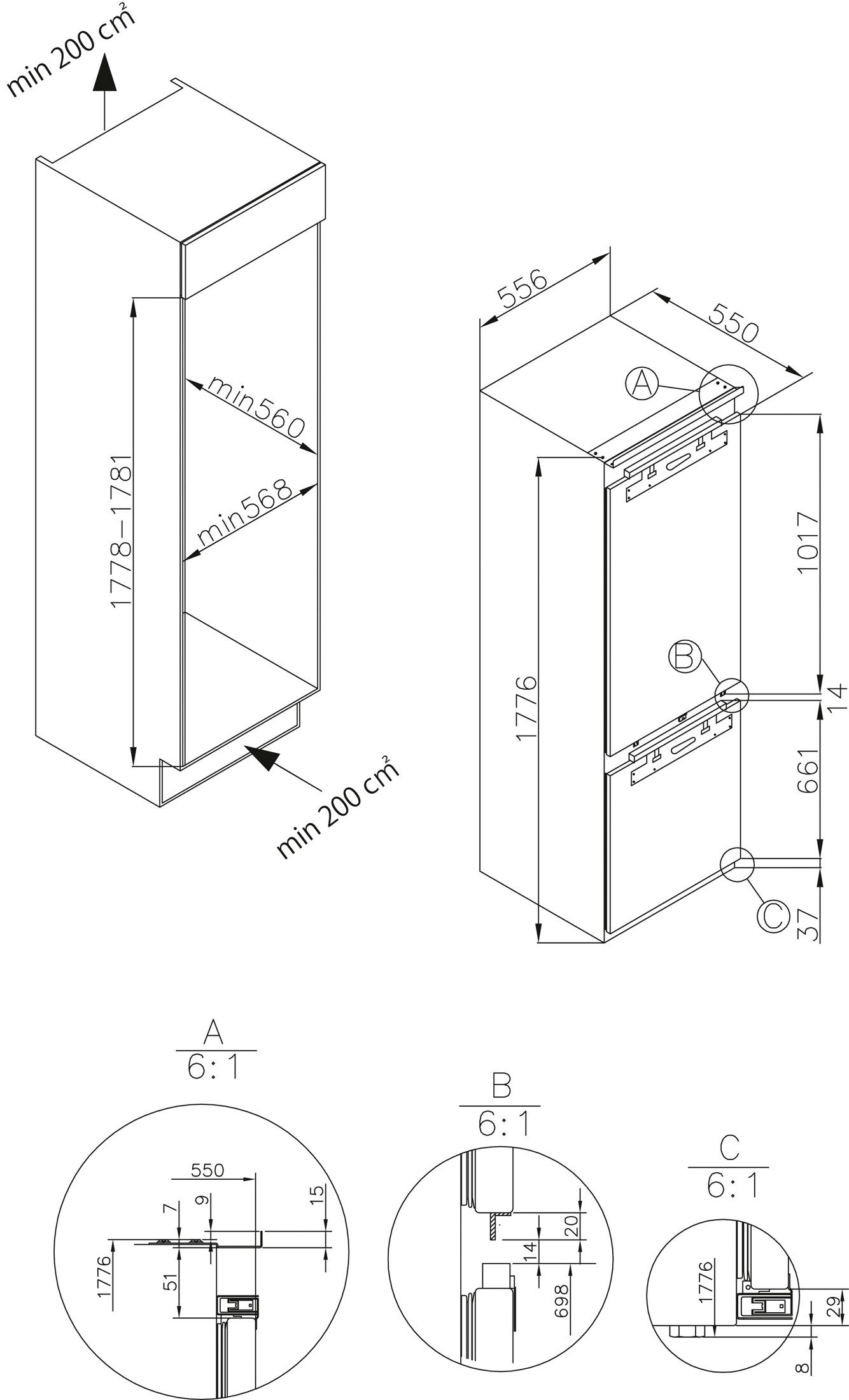 Amica Inbouw koel-vriescombinatie EKGCX 387 955, 176,9 cm x 55,6 cm