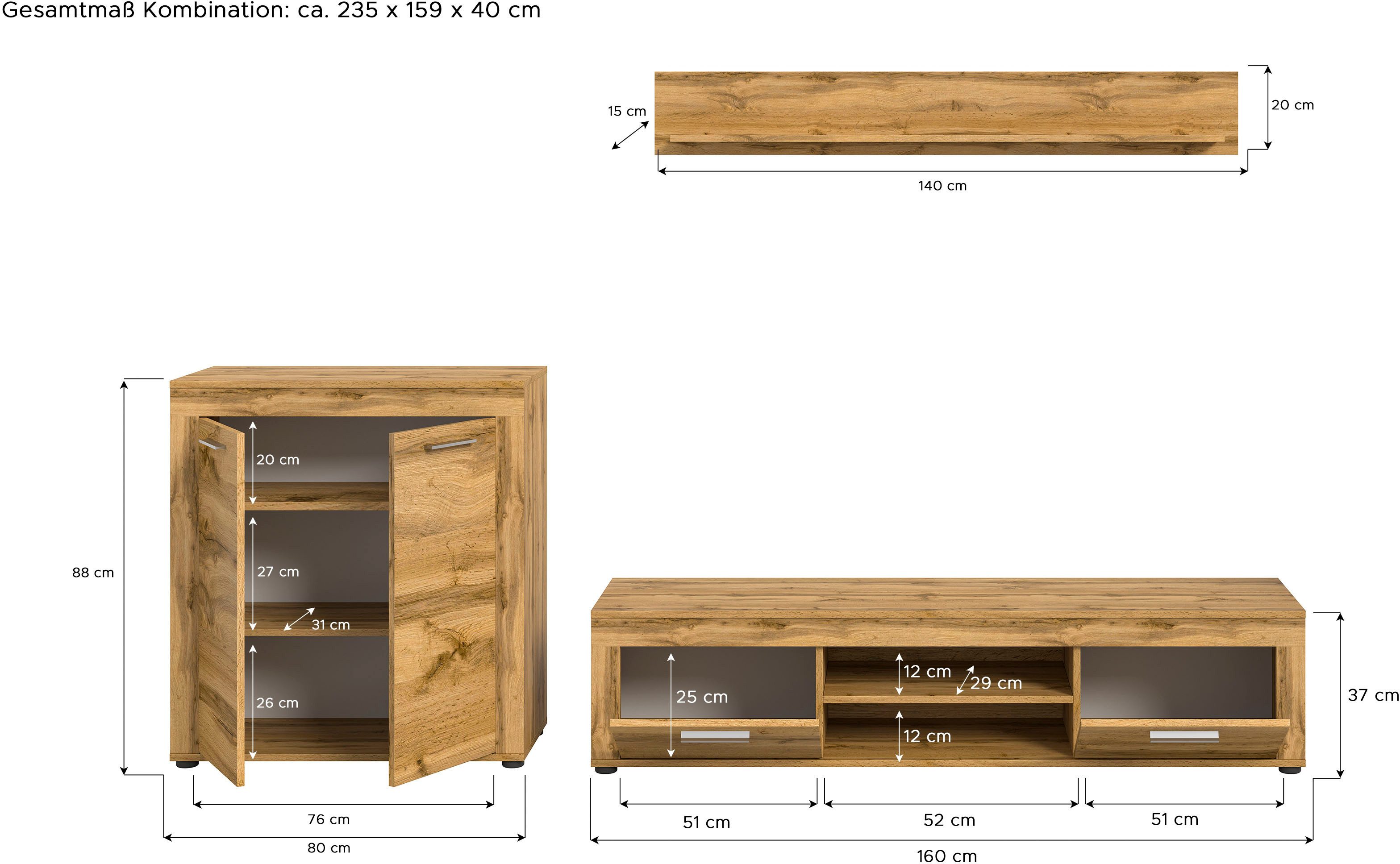INOSIGN Wandmeubel Aosta, Breedte 255cm, bestaand uit Highboard, Lowboard, Wandplank Woonwand, combinatie, opbouwwand, meubelset, kastwand, meubelcombi (3-delig)