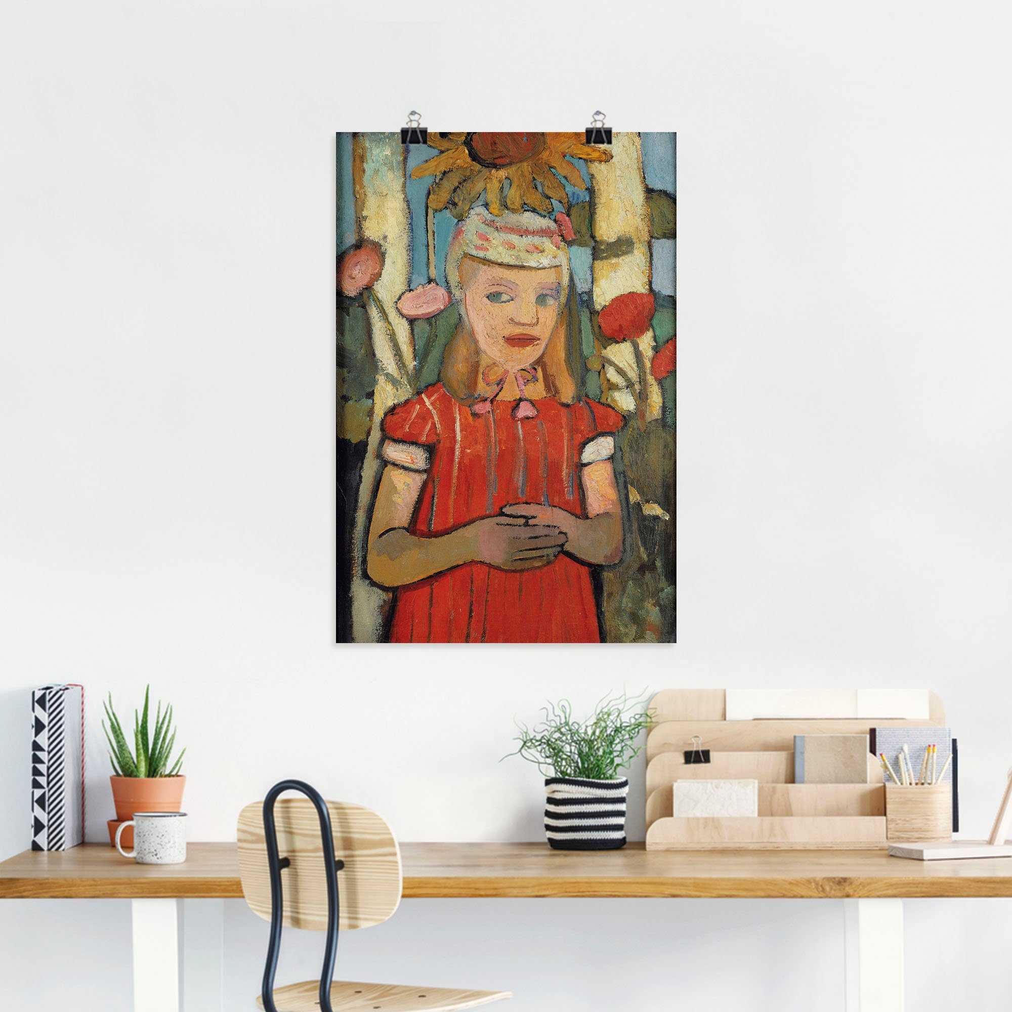 Artland Artprint Meisje in rode jurk voor zonnebloem. als artprint van aluminium, artprint op linnen, muursticker of poster in verschillende maten