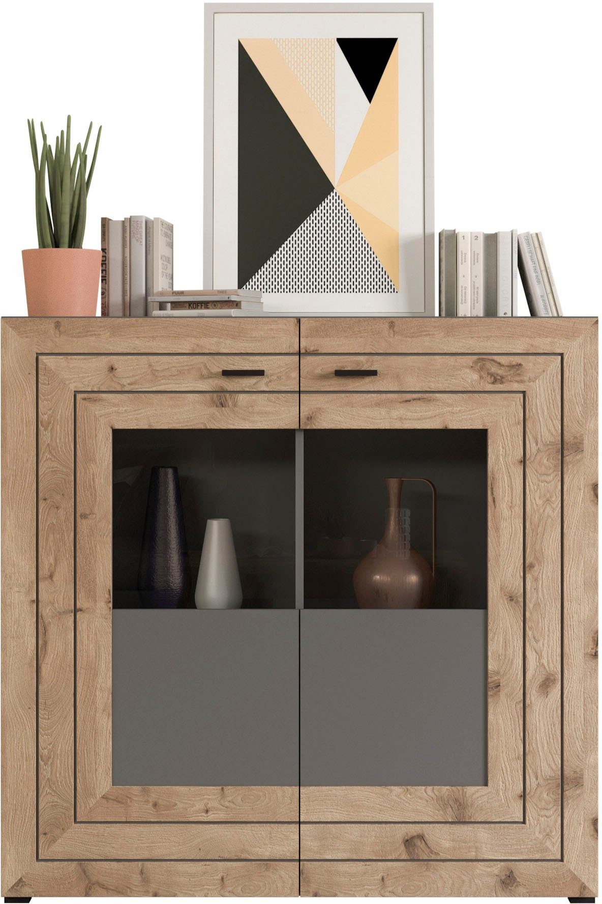 INOSIGN Highboard Aalborg, hoogte 117 cm, 2 glazen deuren, 6 vakken, 2-kleurig, metalen handgrepen