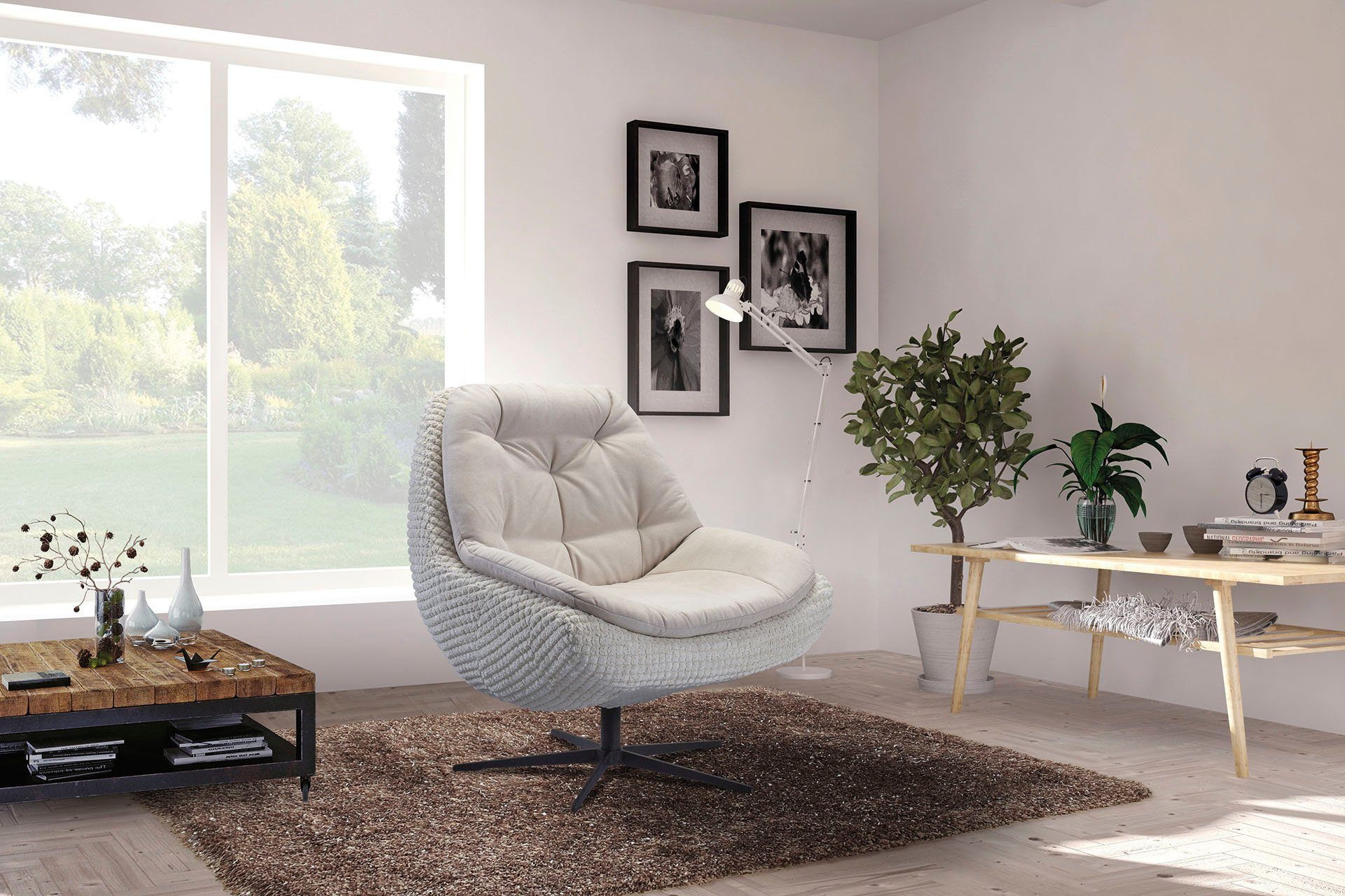 exxpo - sofa fashion Draaibare fauteuil Dim, loungestoel in materiaalmix, design en comfort, solitair meubel Comfortabel gestoffeerde draaifauteuil met elegante metalen stervormige voet