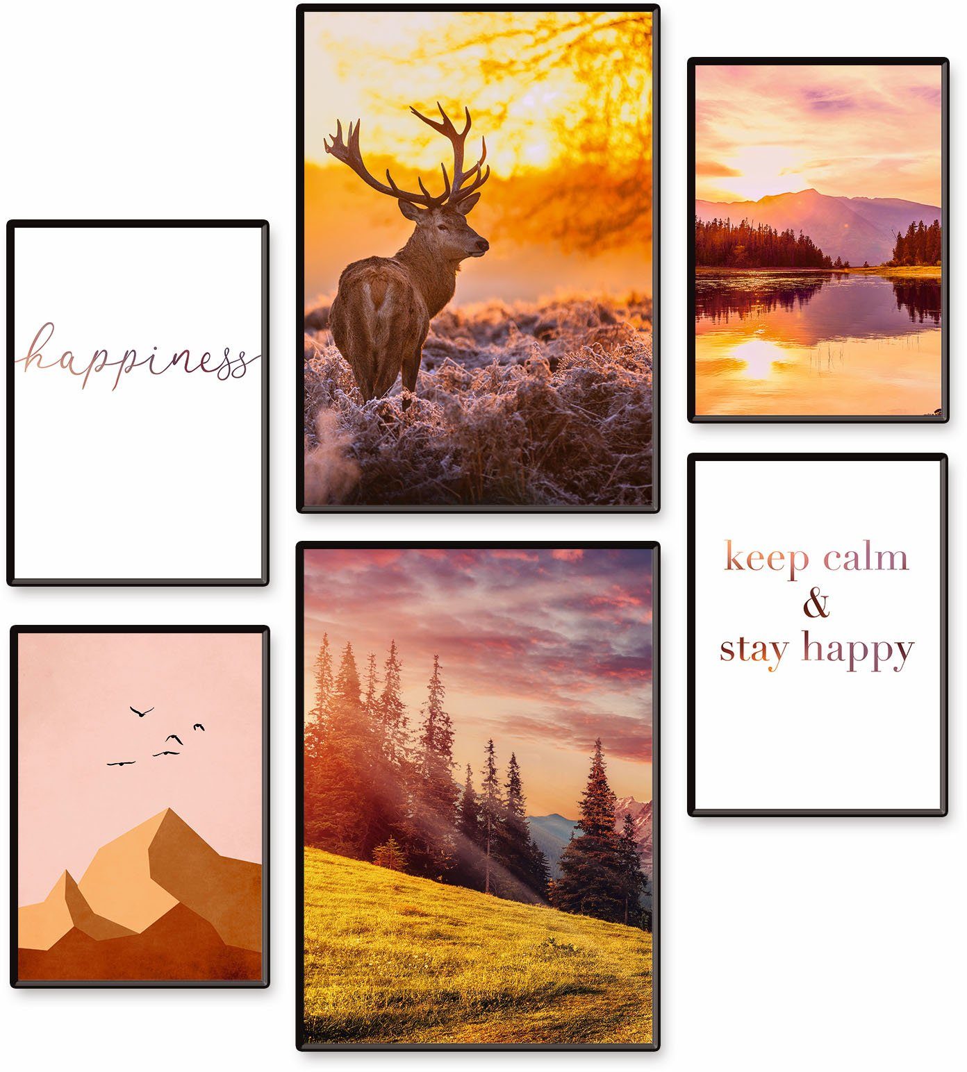 Artland Poster Natuur bij zonsondergang 6-pack, 2xdin a3 / 4xdin a4, zonder lijst (set, 6 stuks) deurposters oranje